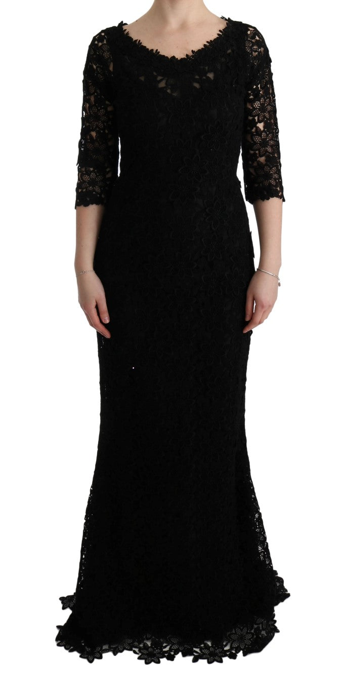 Dolce & Gabbana Black Floral Ricamo Sheath Long Dress Dolce & Gabbana