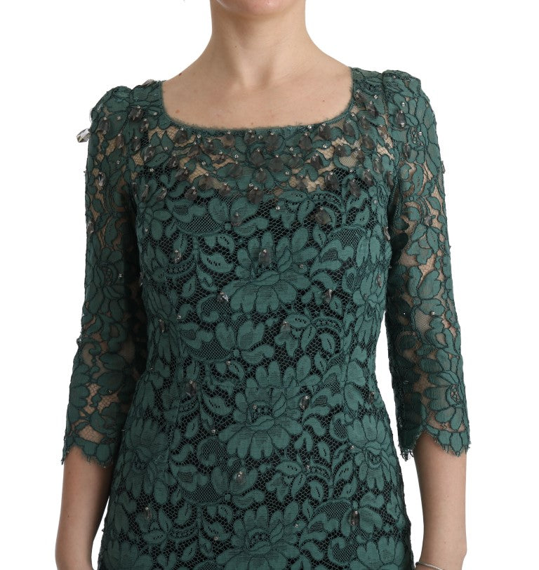 Dolce & Gabbana Green Floral Crystal Ricamo Sheath Dress Dolce & Gabbana
