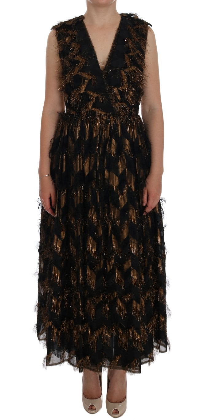Dolce & Gabbana Black Silk Brown Fringes A-Line Dress Dolce & Gabbana