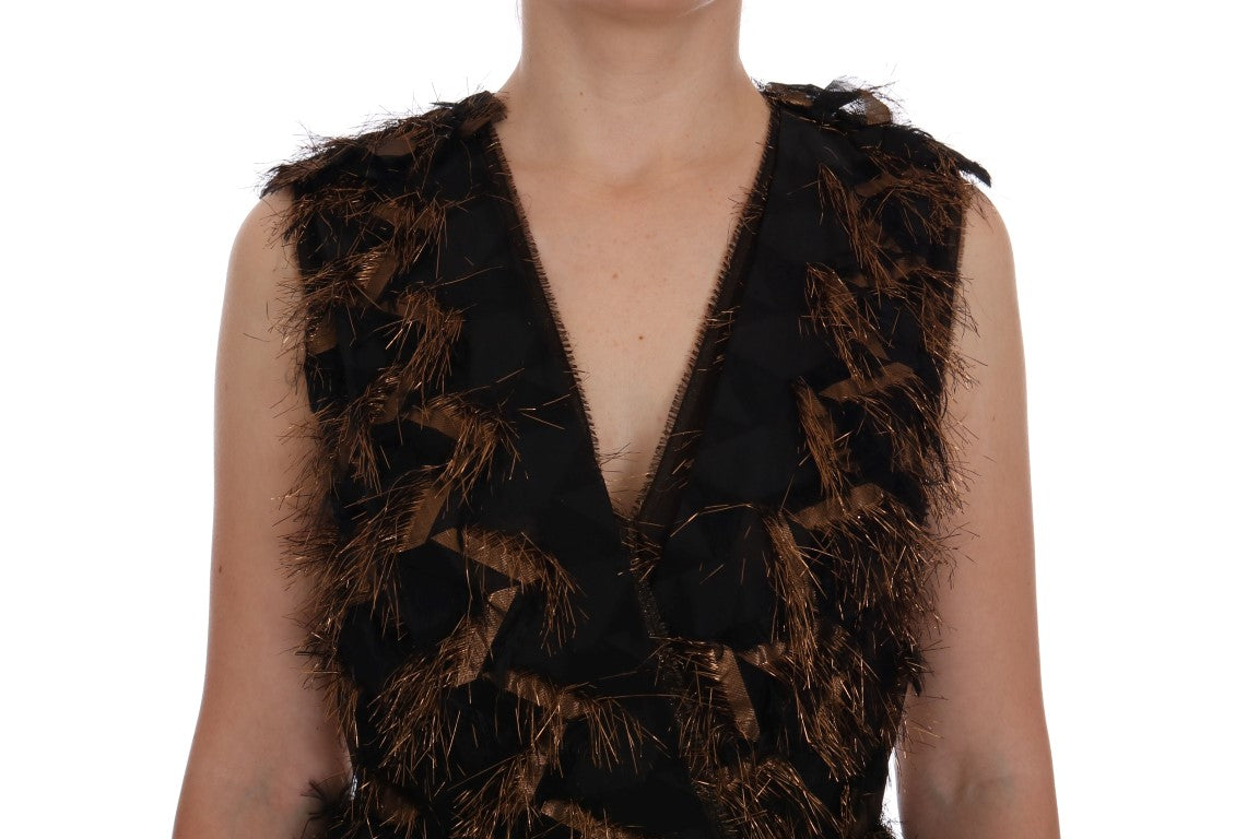 Dolce & Gabbana Black Silk Brown Fringes A-Line Dress Dolce & Gabbana