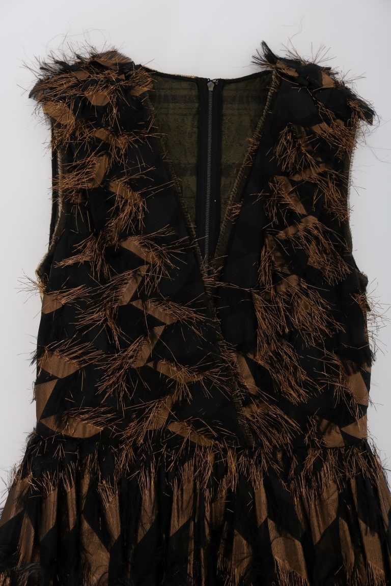 Dolce & Gabbana Black Silk Brown Fringes A-Line Dress Dolce & Gabbana