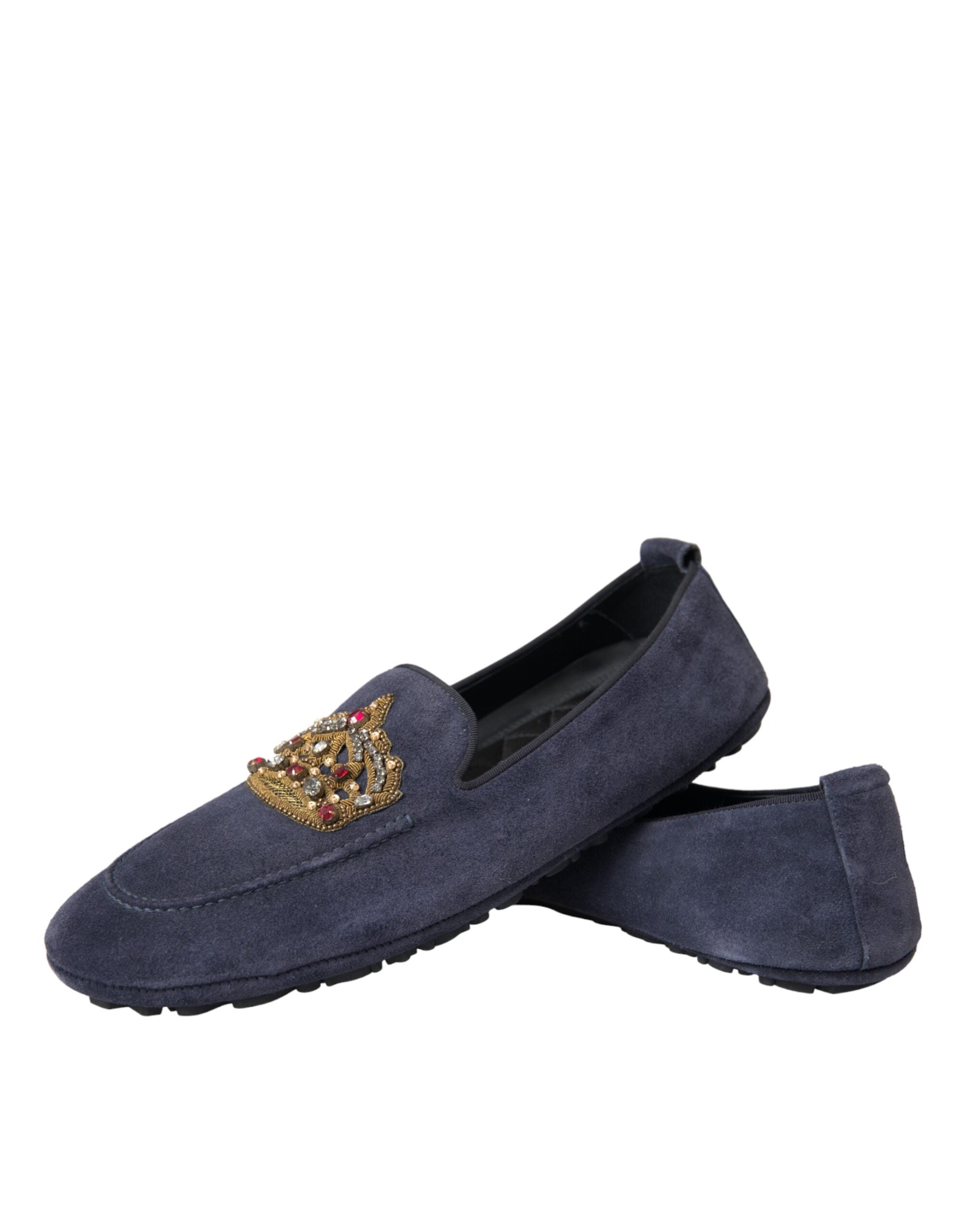 Dolce & Gabbana Blue Leather Suede Crystal Crown Loafers Shoes Dolce & Gabbana
