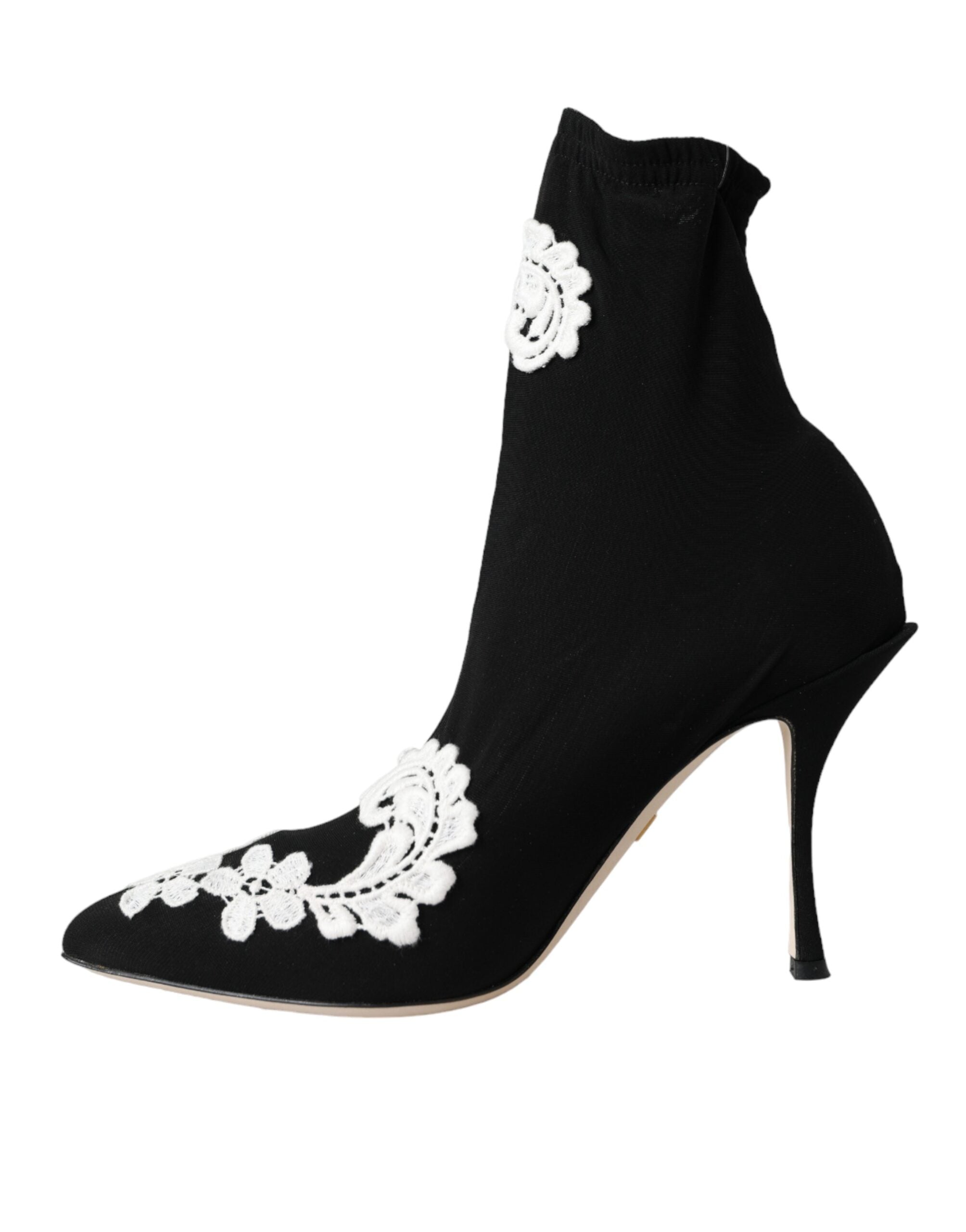 Dolce & Gabbana Black White Embroidery Slip On Boots Shoes Dolce & Gabbana
