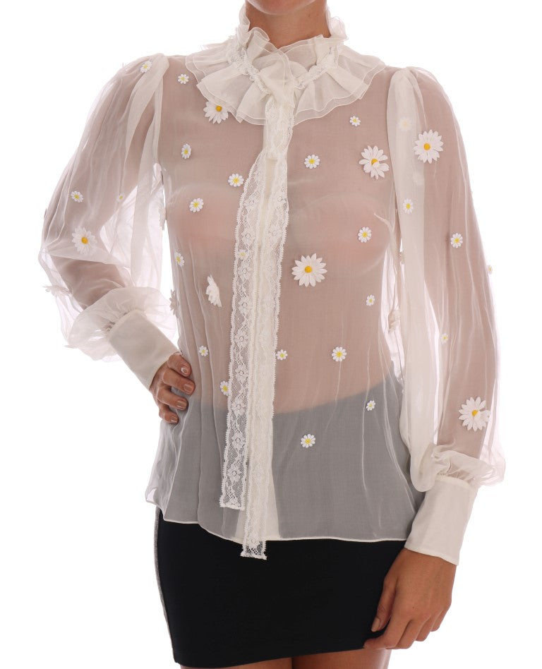 Dolce & Gabbana White Daisy Applique Silk Shirt Dolce & Gabbana