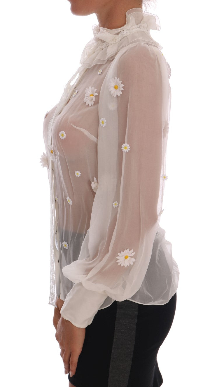Dolce & Gabbana White Daisy Applique Silk Shirt Dolce & Gabbana