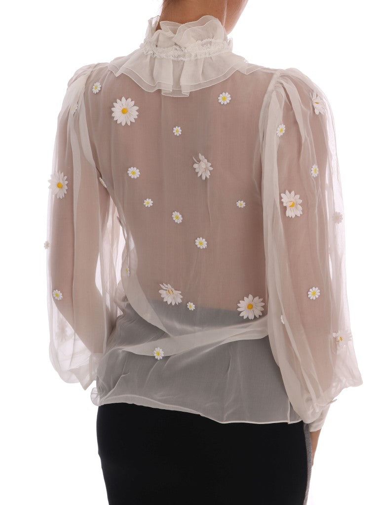 Dolce & Gabbana White Daisy Applique Silk Shirt Dolce & Gabbana