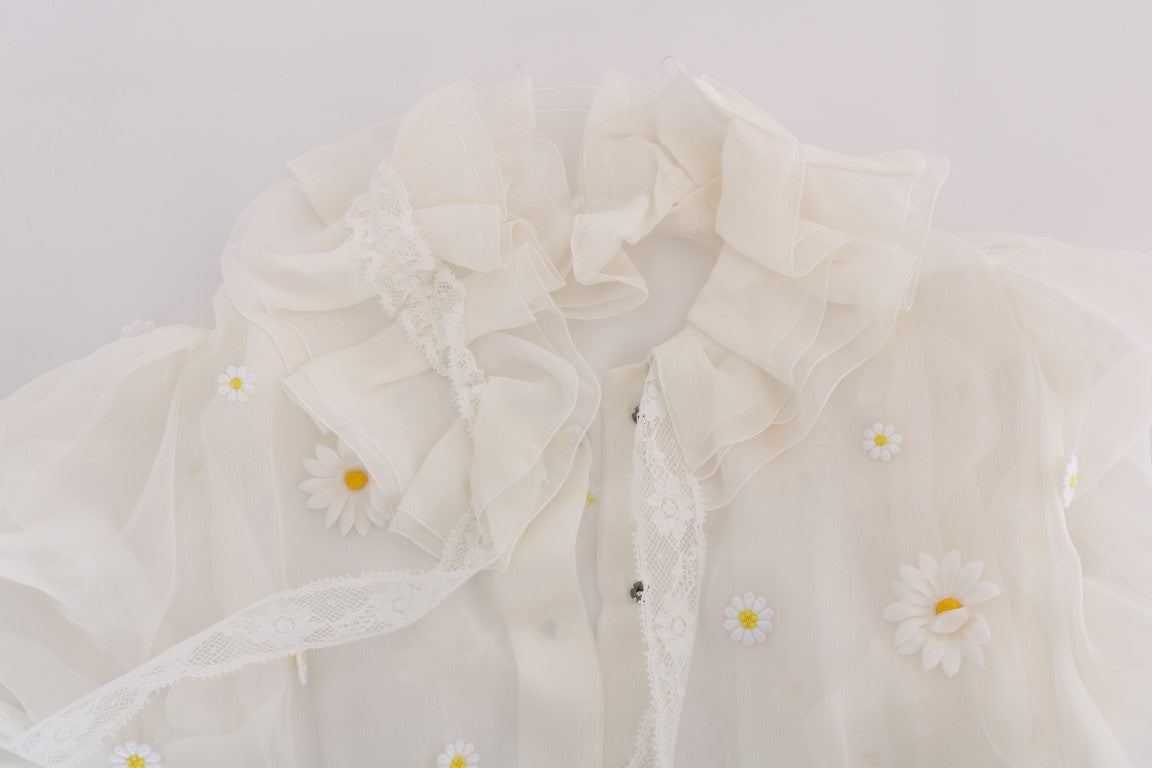 Dolce & Gabbana White Daisy Applique Silk Shirt Dolce & Gabbana