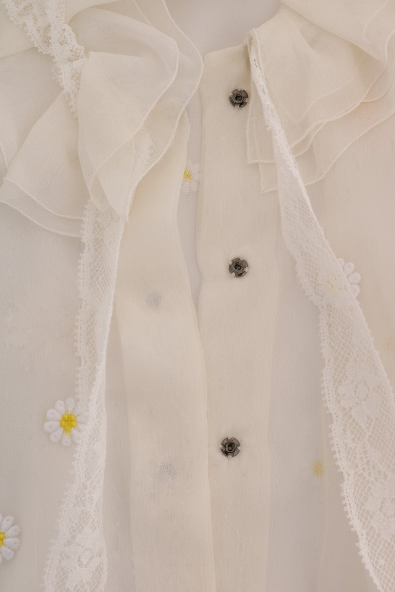 Dolce & Gabbana White Daisy Applique Silk Shirt Dolce & Gabbana