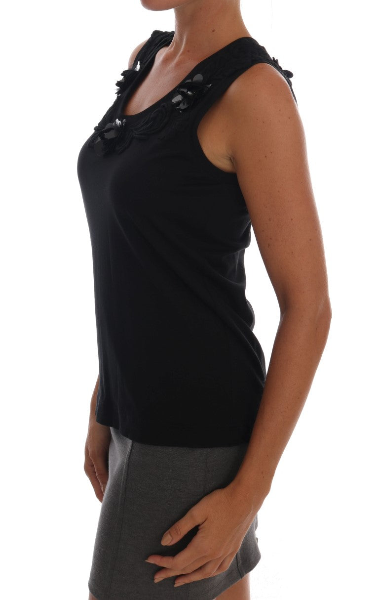 Dolce & Gabbana Black Cotton Floral Crystal Tank Top Dolce & Gabbana
