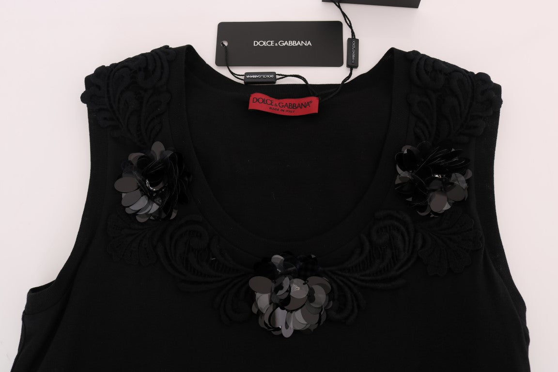 Dolce & Gabbana Black Cotton Floral Crystal Tank Top Dolce & Gabbana
