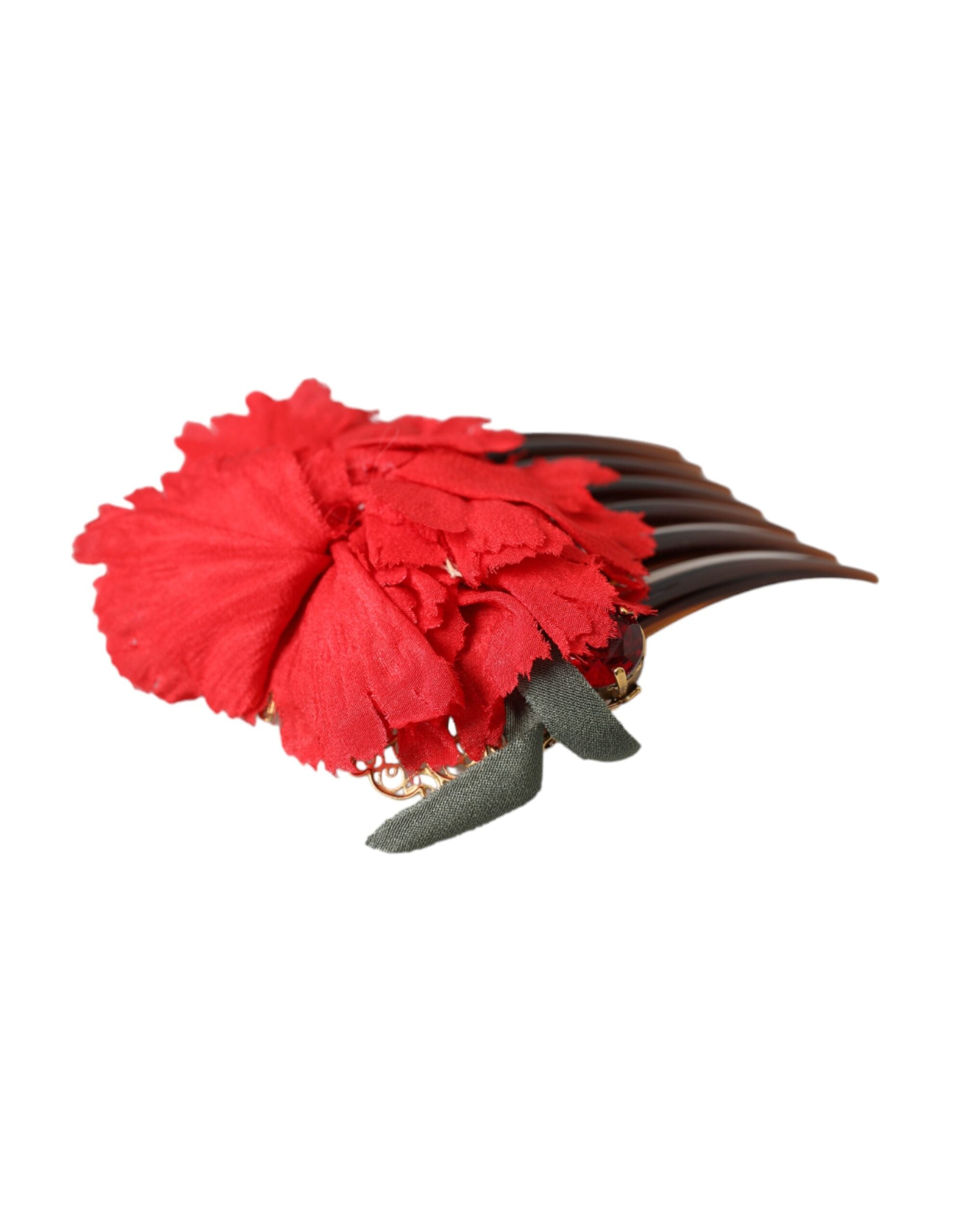 Dolce & Gabbana Red Silk Floral Gold Brass Women Hair Comb Dolce & Gabbana