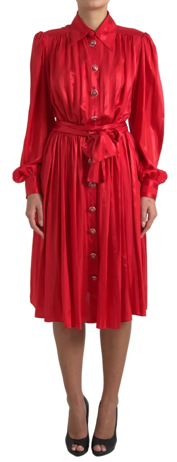 Dolce & Gabbana Red Button Down Belted Midi Satin Silk Dress Dolce & Gabbana