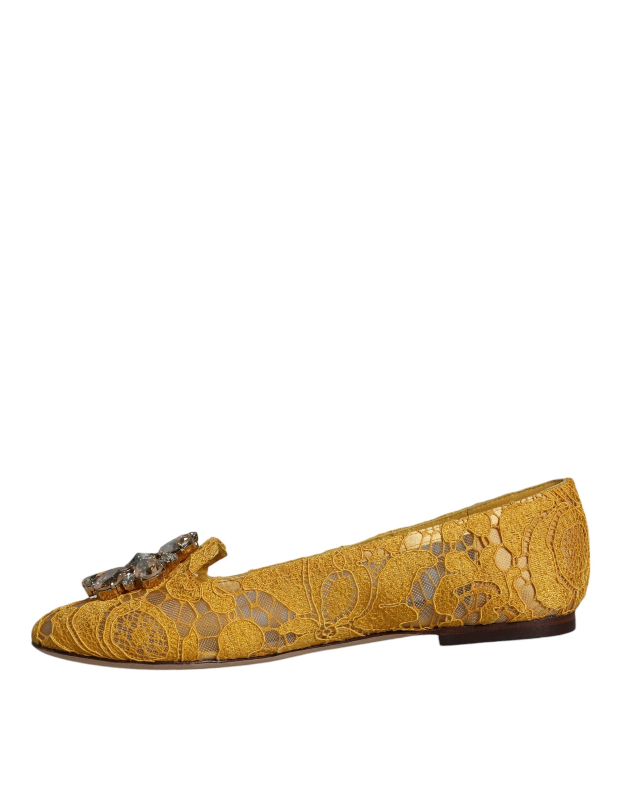 Dolce & Gabbana Mustard Lace Crystal Ballet Flats Loafer Shoes Dolce & Gabbana