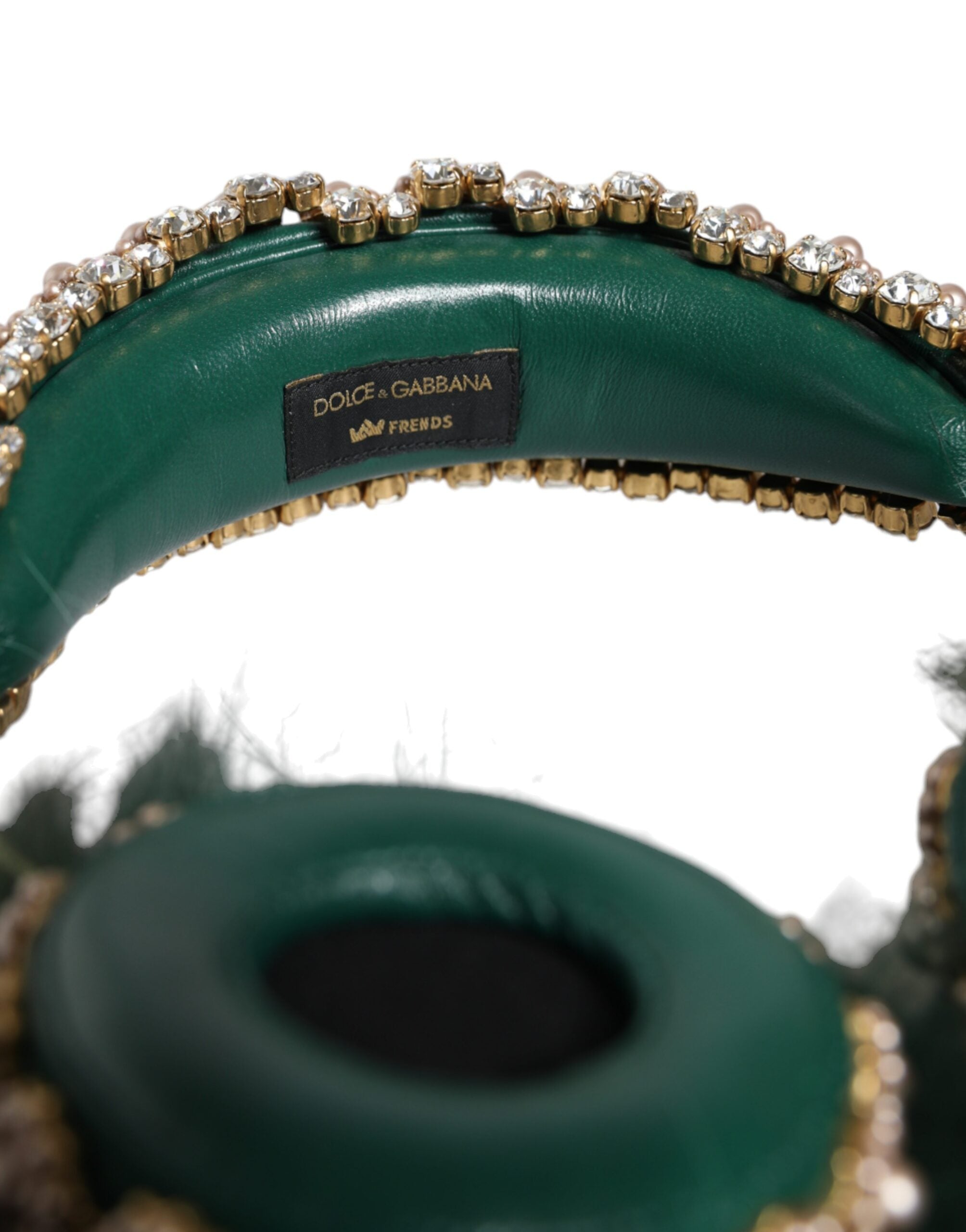 Dolce & Gabbana Green Gold Crystal Fur Headset Audio AUX Headphones Dolce & Gabbana