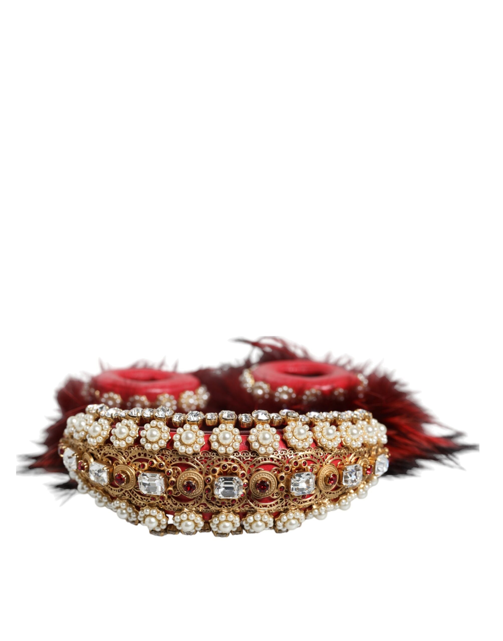 Dolce & Gabbana Red Gold Crystal Fur Headset Audio AUX Headphones Dolce & Gabbana