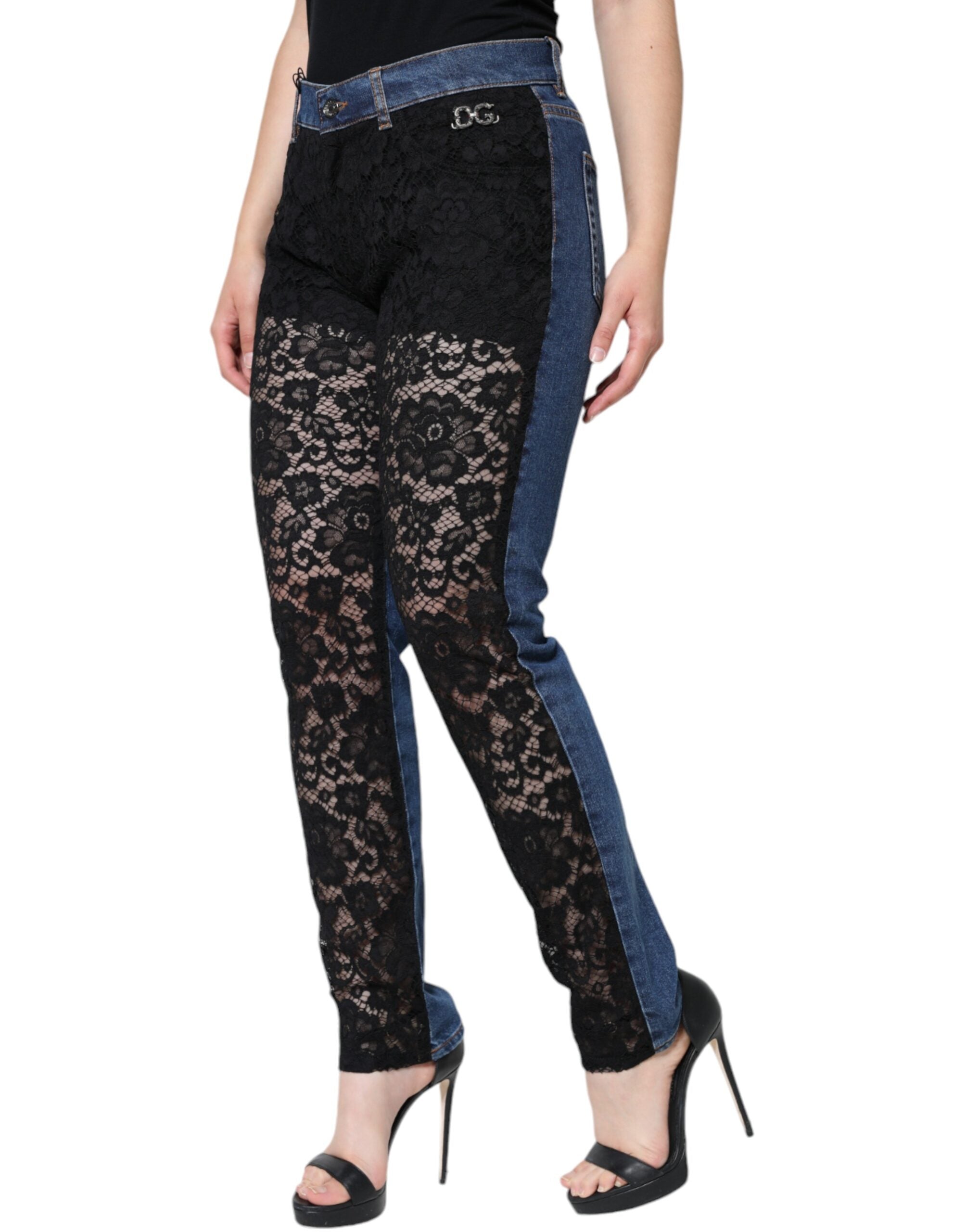 Dolce & Gabbana Black Floral Lace Front Skinny Denim Jeans Dolce & Gabbana