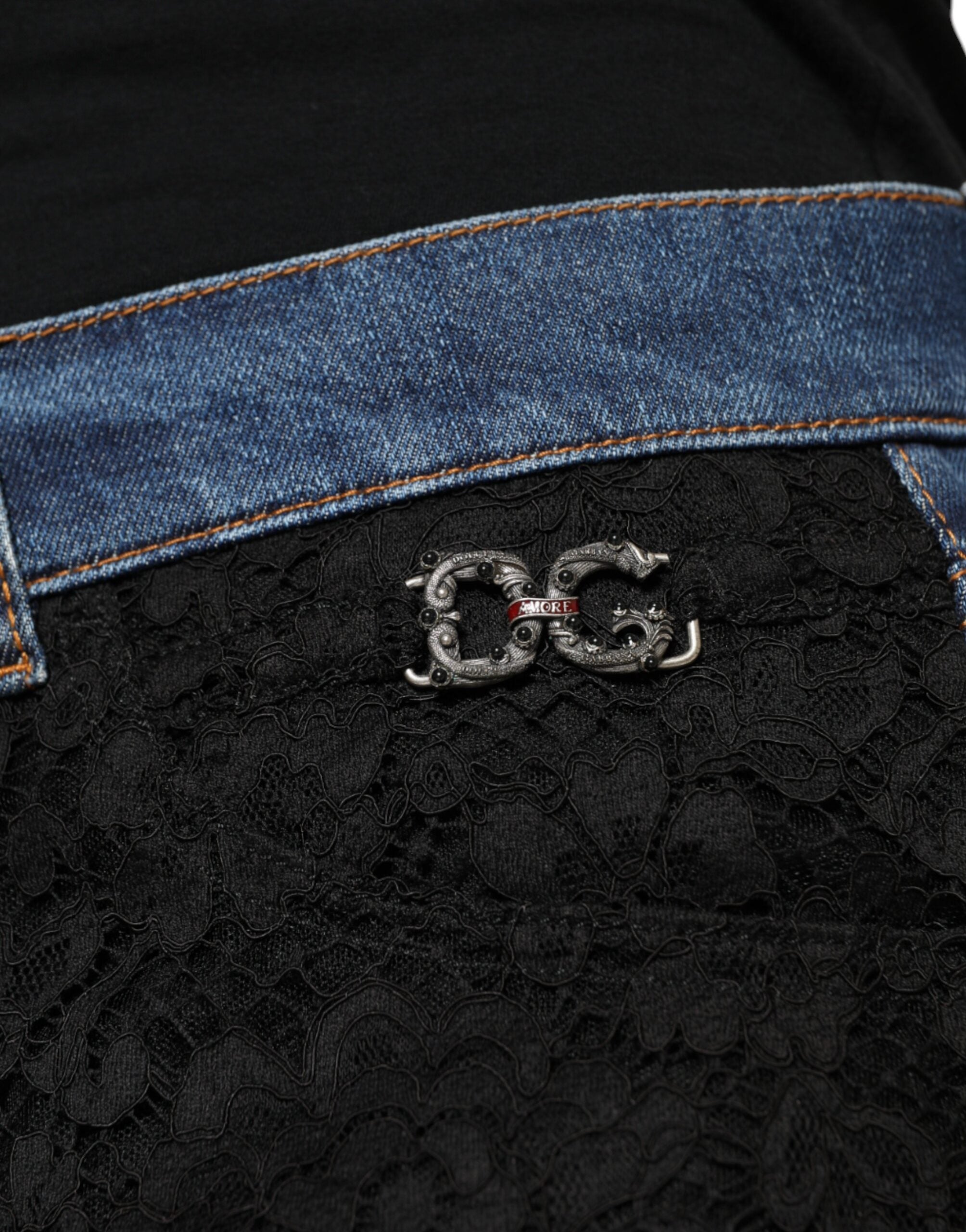 Dolce & Gabbana Black Floral Lace Front Skinny Denim Jeans Dolce & Gabbana