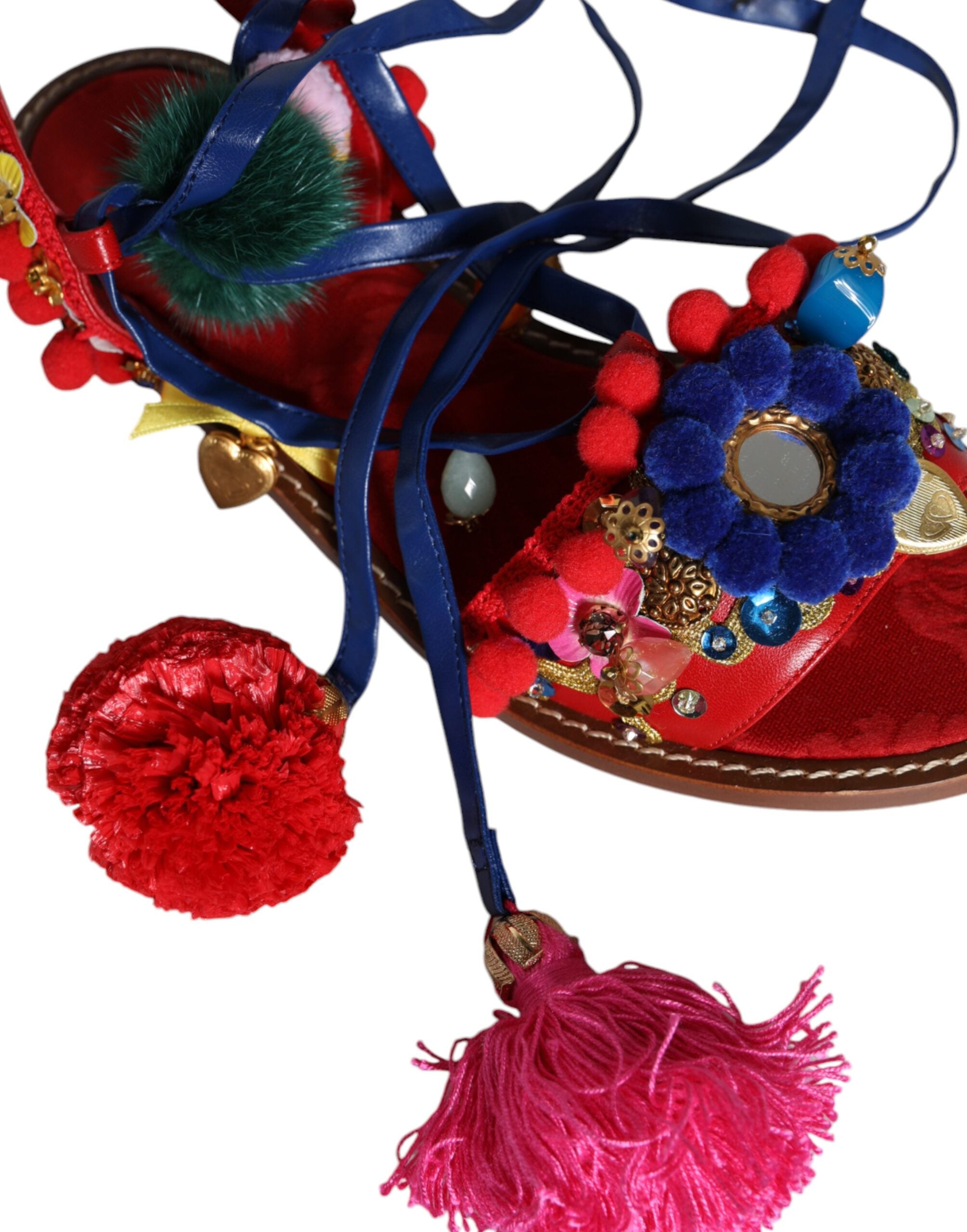 Dolce & Gabbana Multicolor Pom Pom Fur Wrap Sandals Shoes Dolce & Gabbana