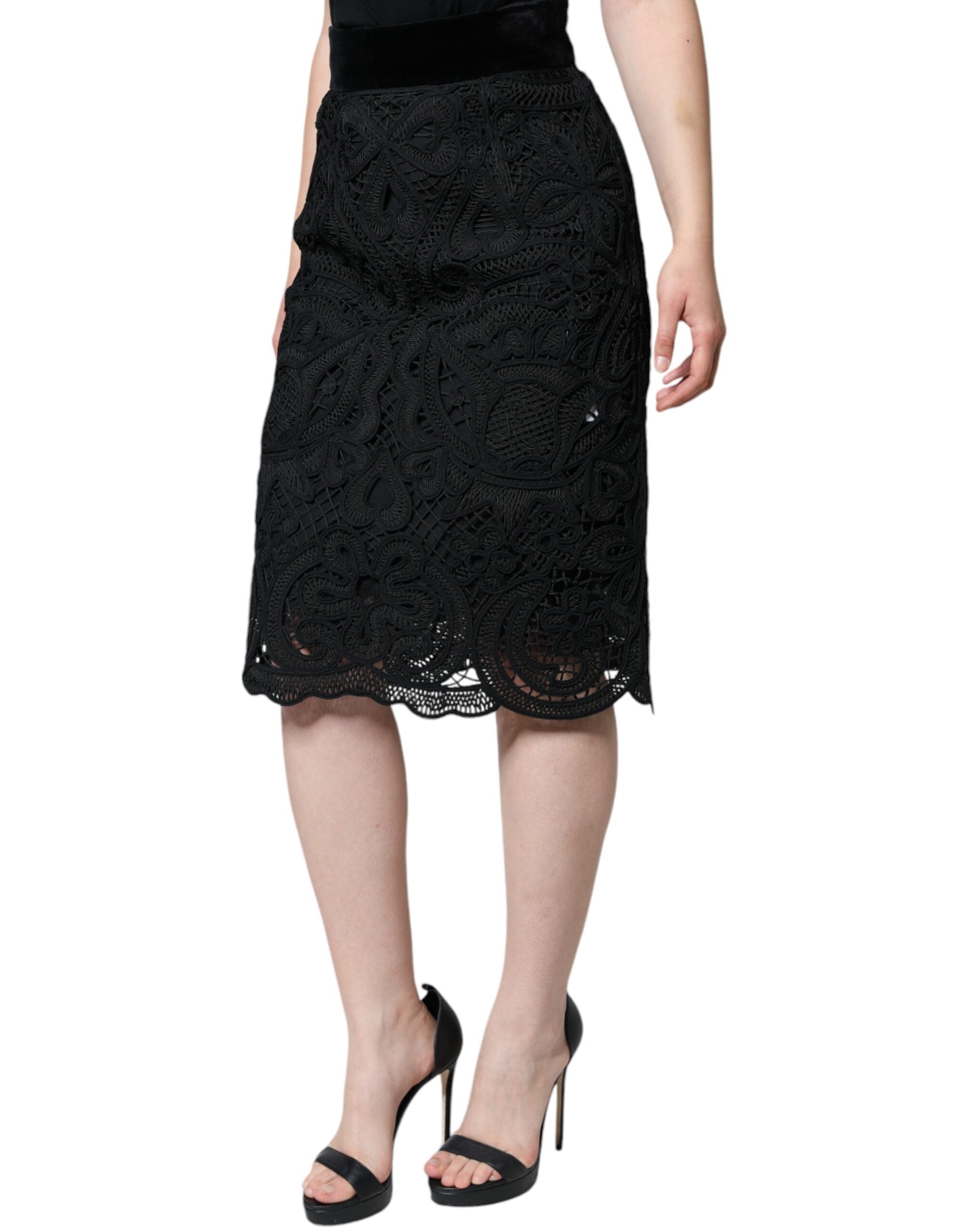 Dolce & Gabbana Black Floral Lace High Waist Pencil Cut Skirt Dolce & Gabbana