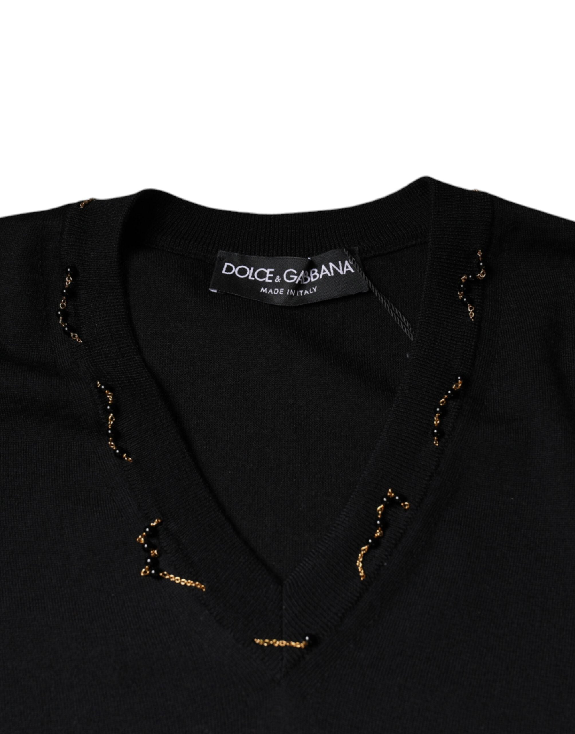 Dolce & Gabbana Black Embellished V-neck Pullover Sweater Dolce & Gabbana