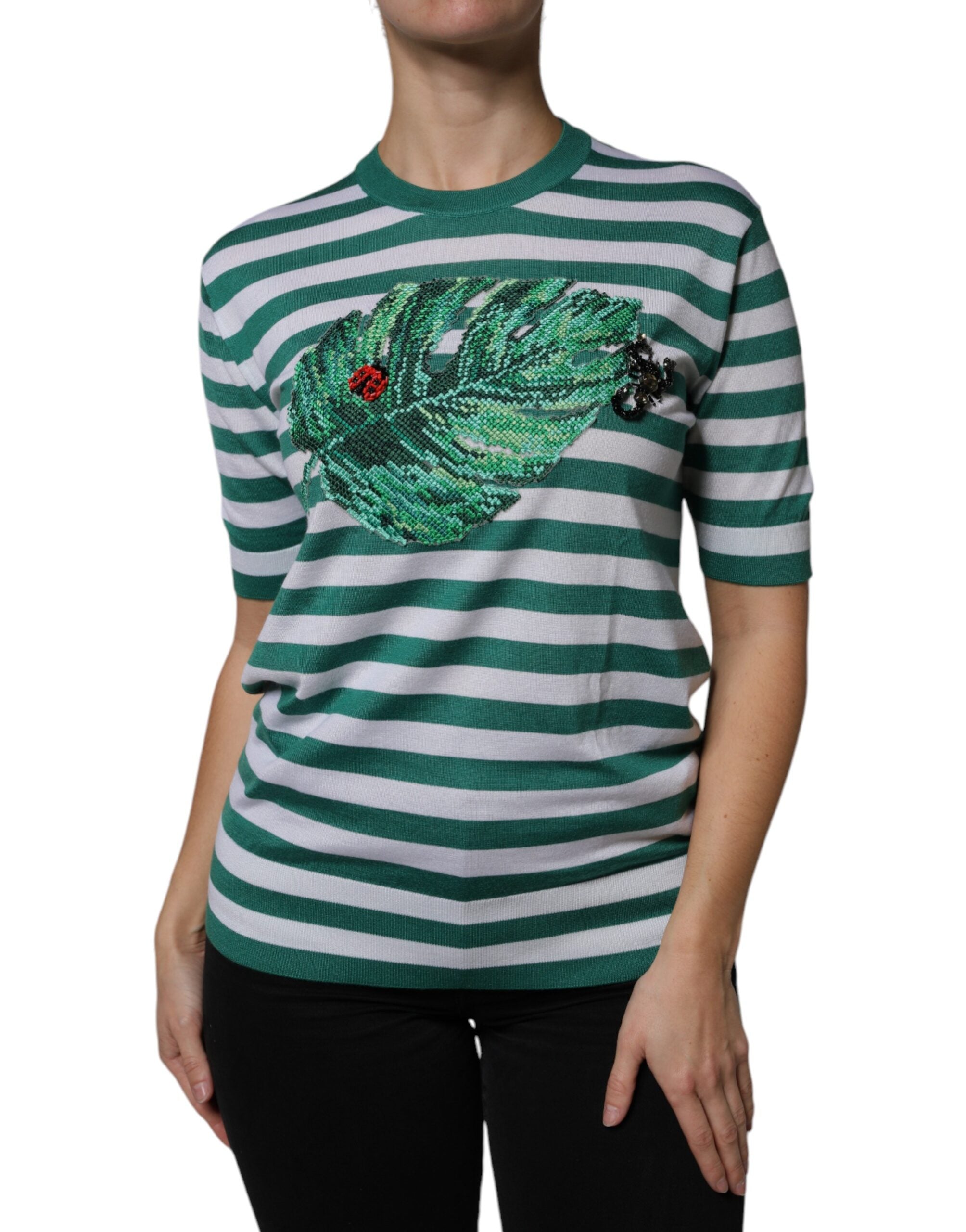 Dolce & Gabbana White Green Stripe Leaf Crew Neck T-shirt Dolce & Gabbana