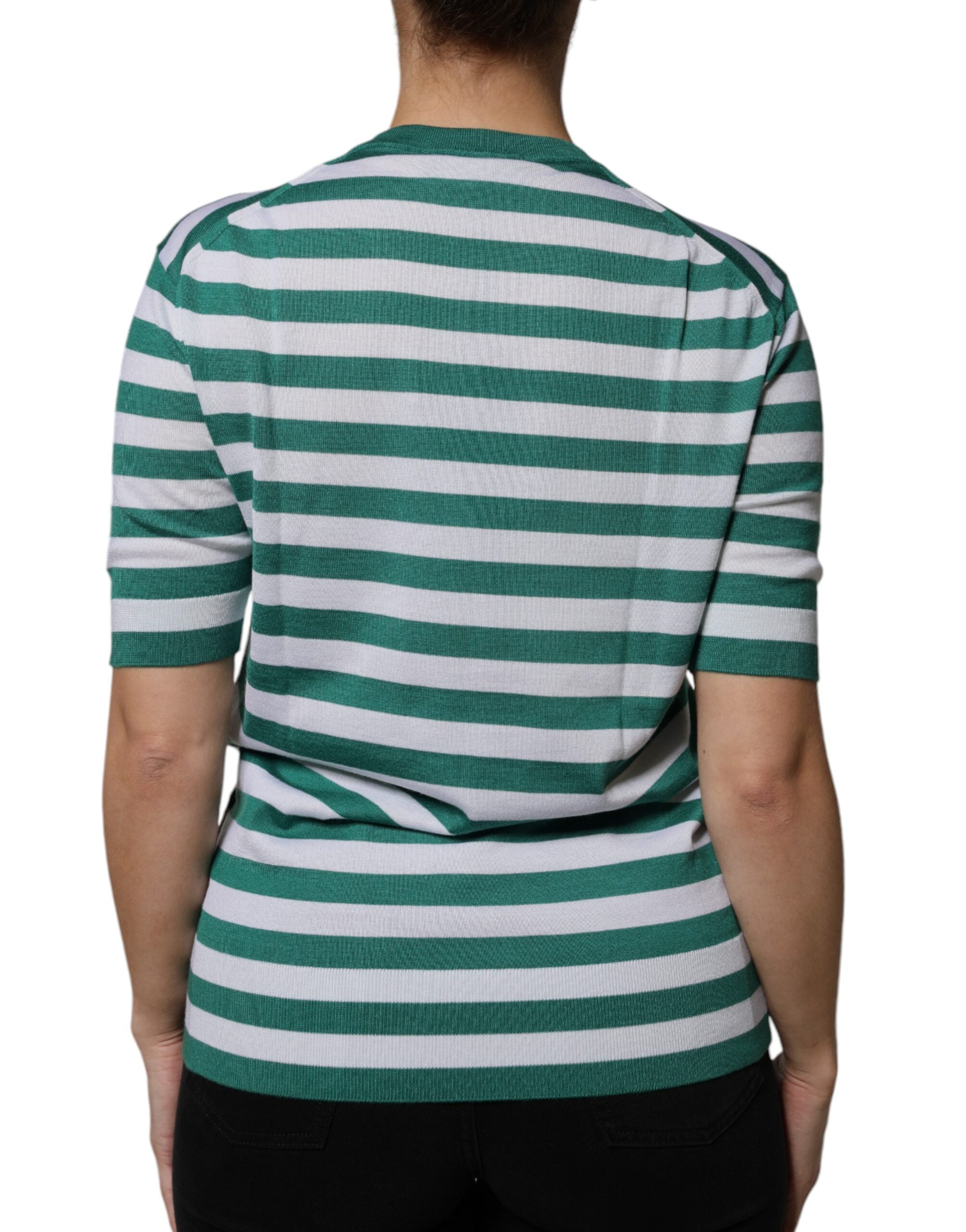 Dolce & Gabbana White Green Stripe Leaf Crew Neck T-shirt Dolce & Gabbana
