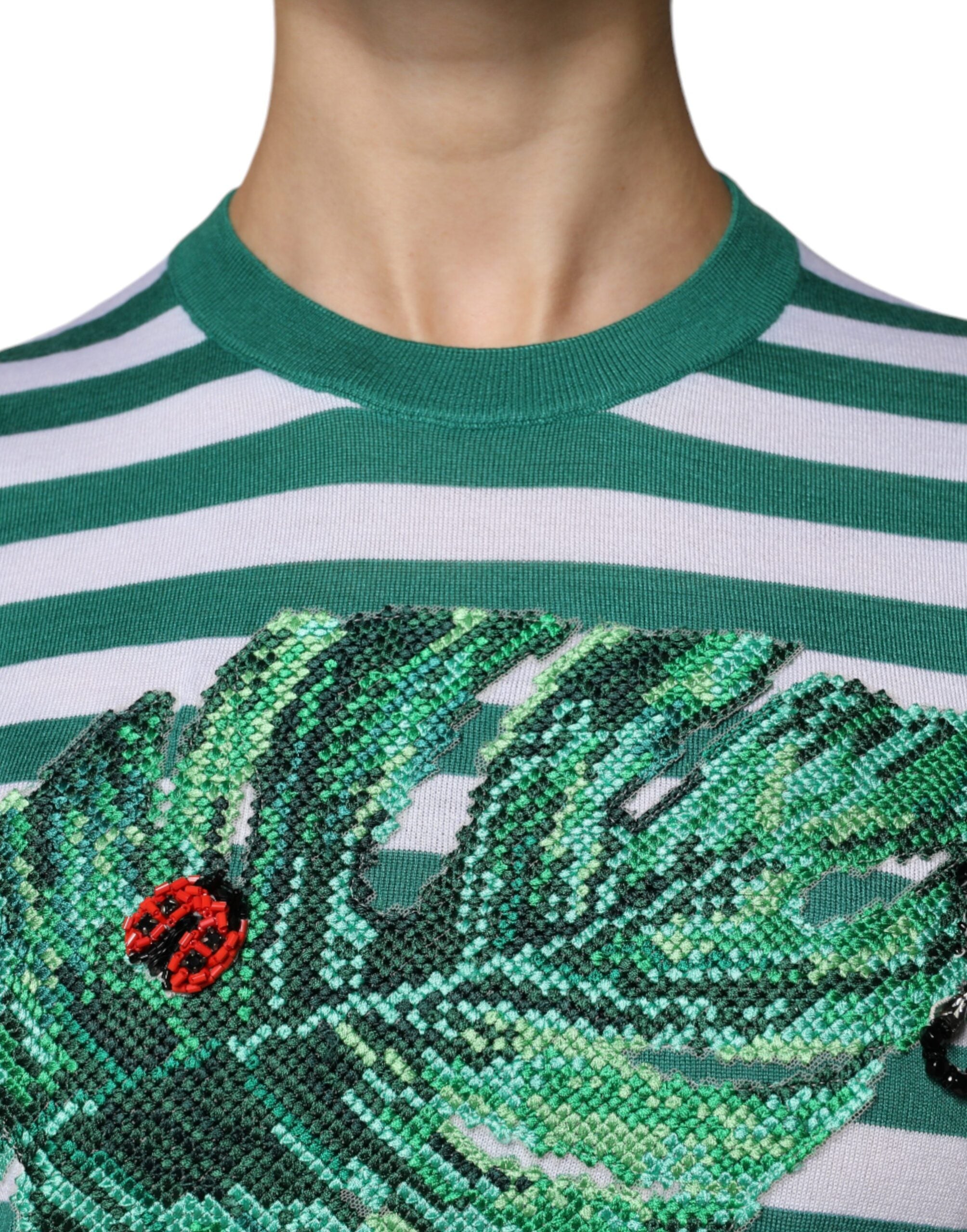Dolce & Gabbana White Green Stripe Leaf Crew Neck T-shirt Dolce & Gabbana