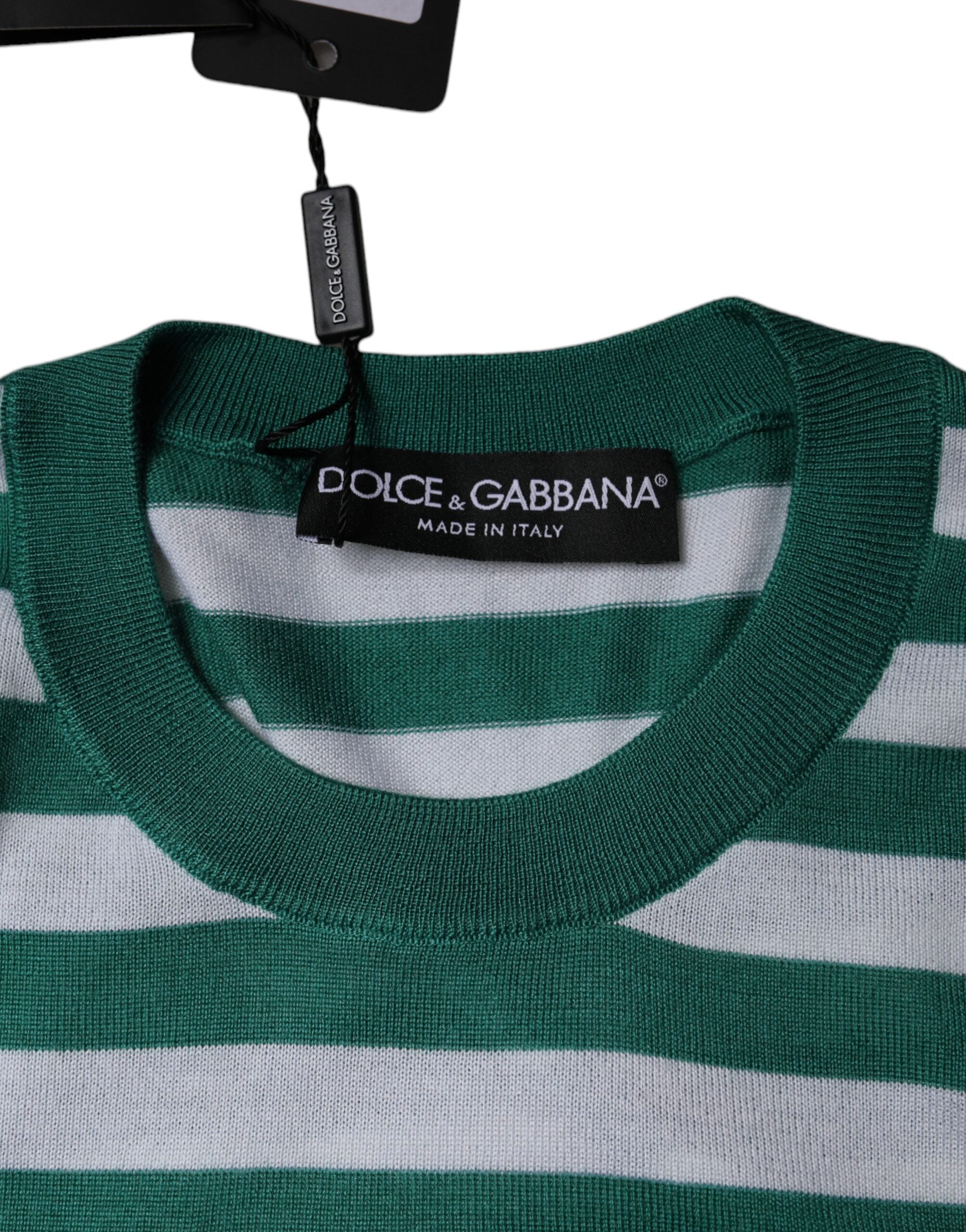 Dolce & Gabbana White Green Stripe Leaf Crew Neck T-shirt Dolce & Gabbana