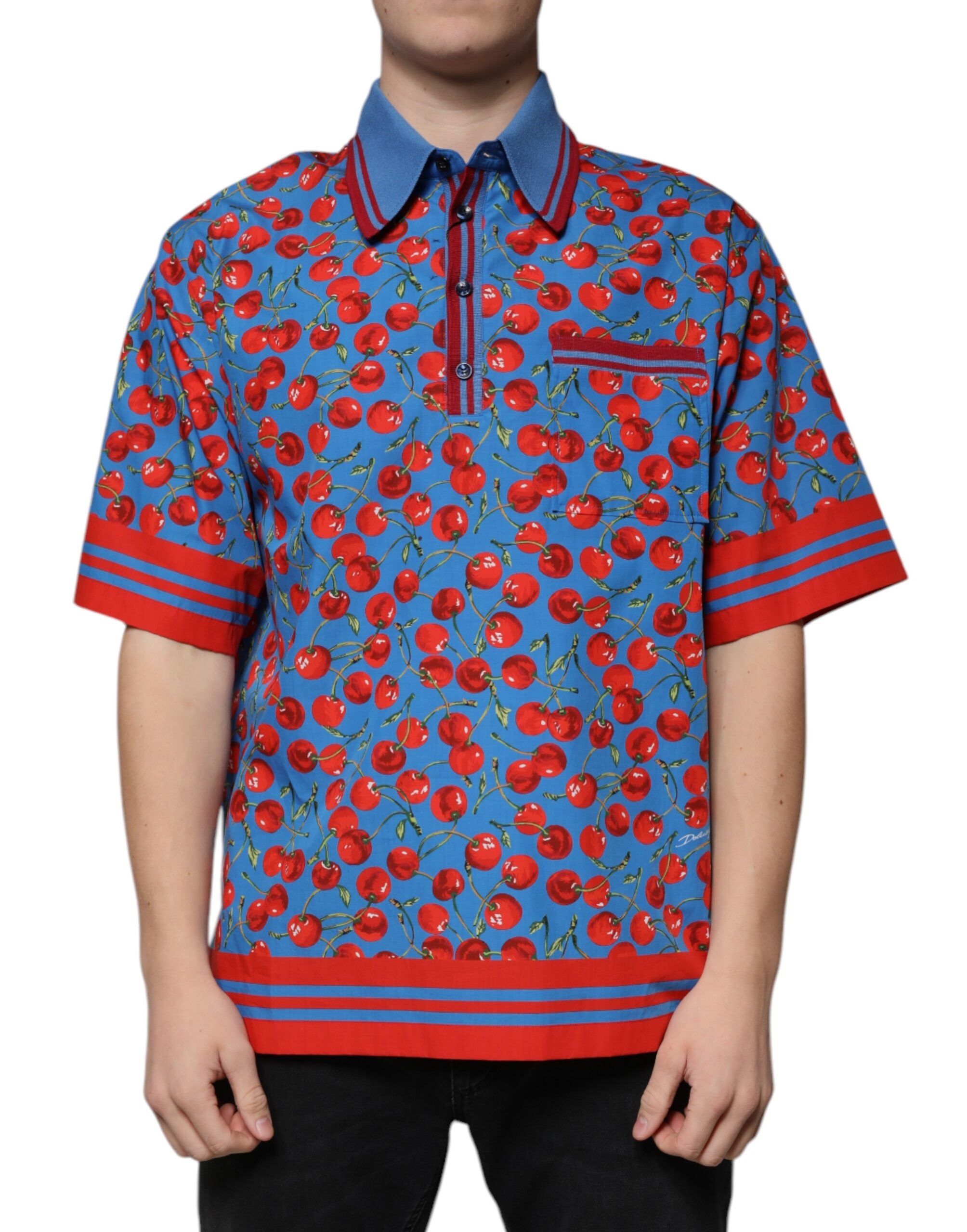 Dolce & Gabbana Blue Cherry Cotton Collared Men Polo T-shirt Dolce & Gabbana