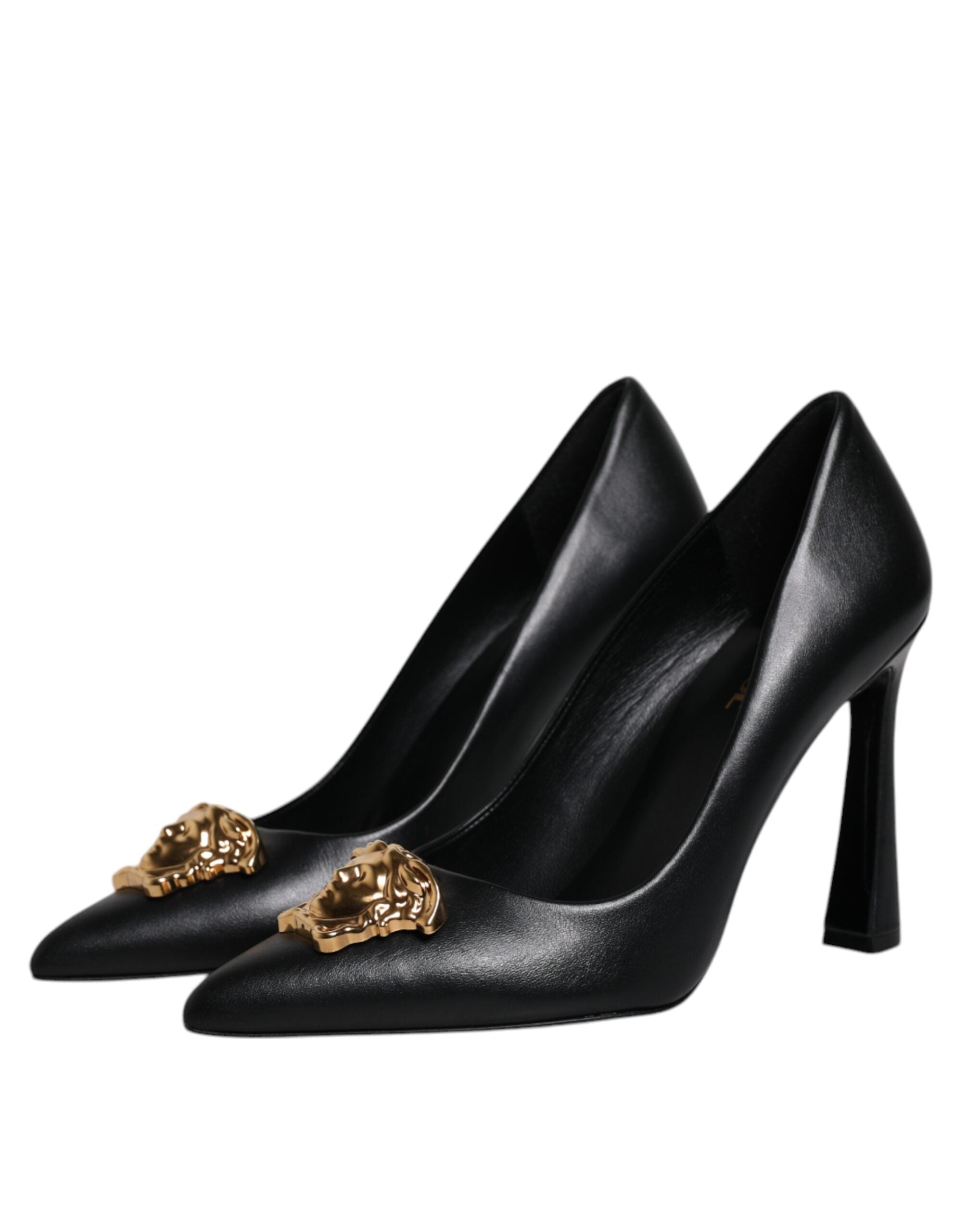 Versace Black Leather Logo Plaque High Heels Pumps Shoes Versace