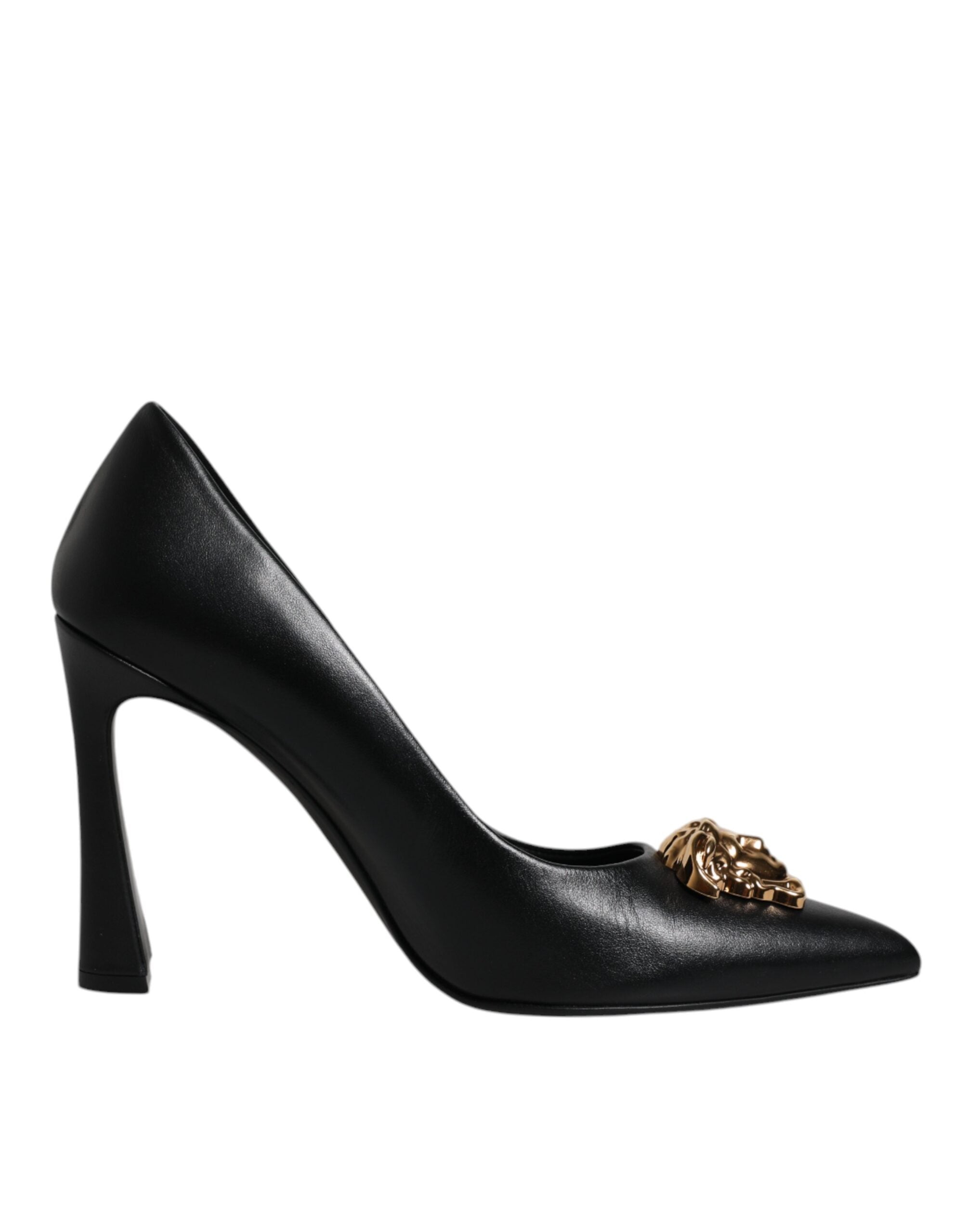 Versace Black Leather Logo Plaque High Heels Pumps Shoes Versace