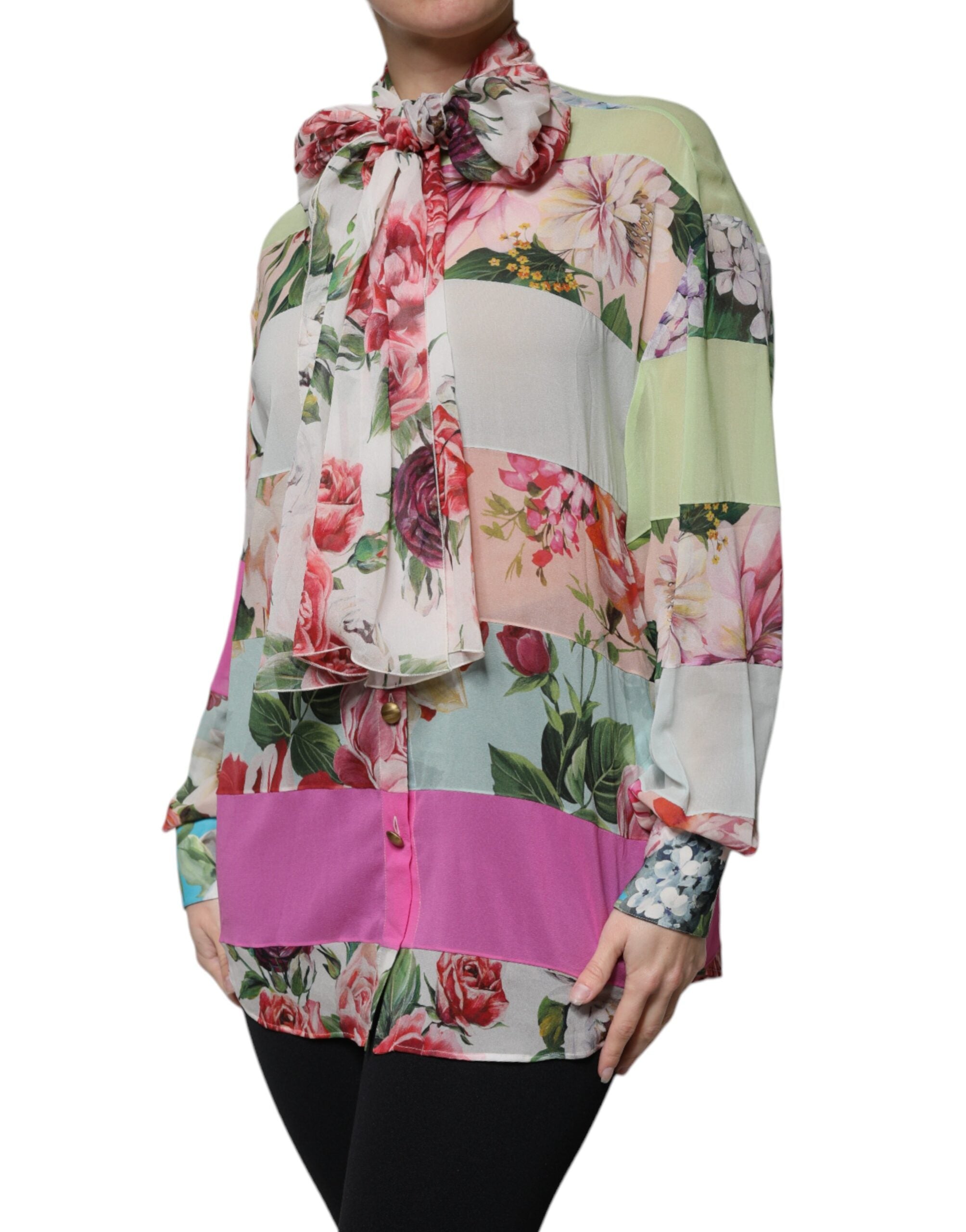Dolce & Gabbana Multicolor Floral Patchwork Ascot Collar Top Dolce & Gabbana