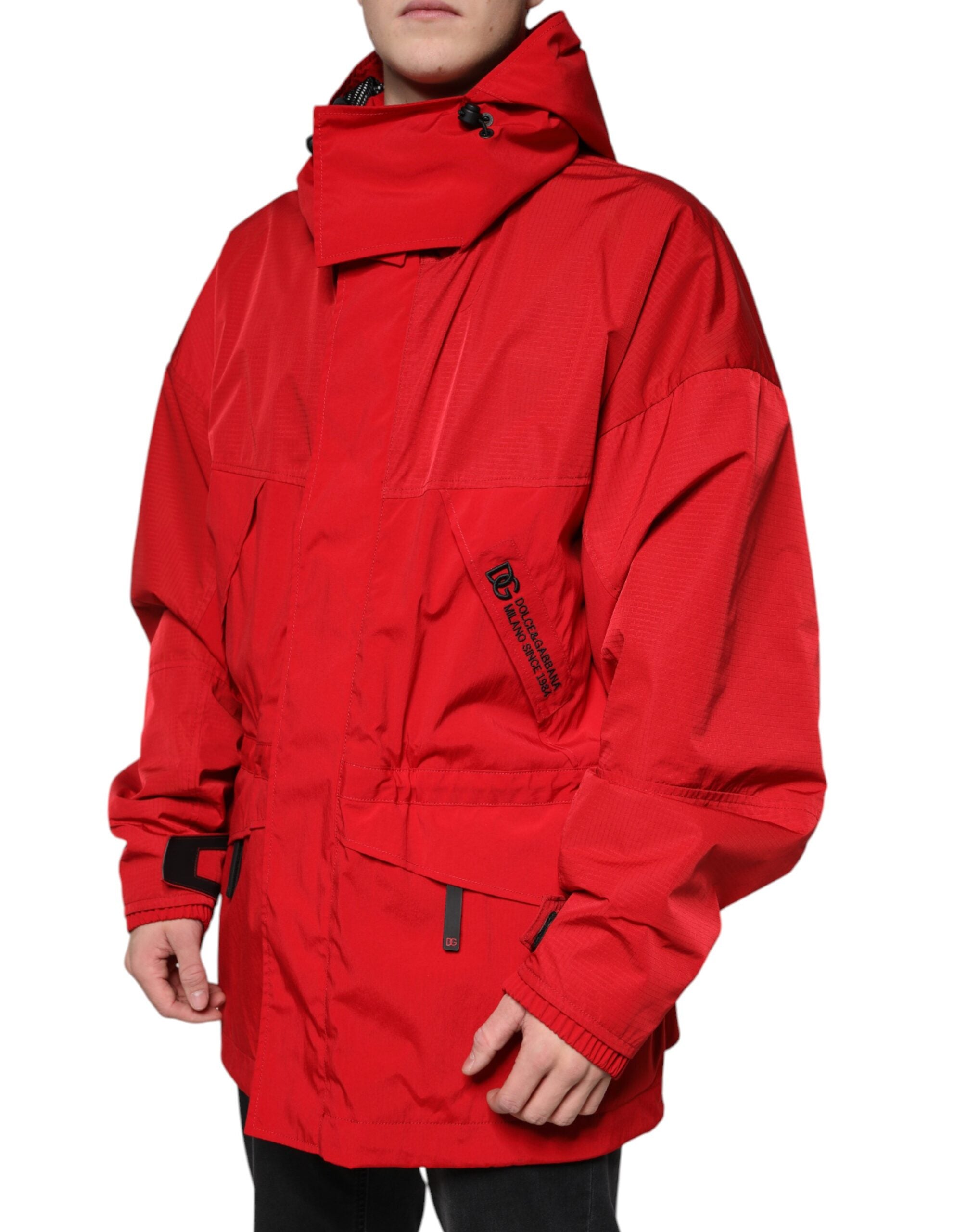 Dolce & Gabbana Red Nylon Hooded Men Full Zip Parka Jacket Dolce & Gabbana