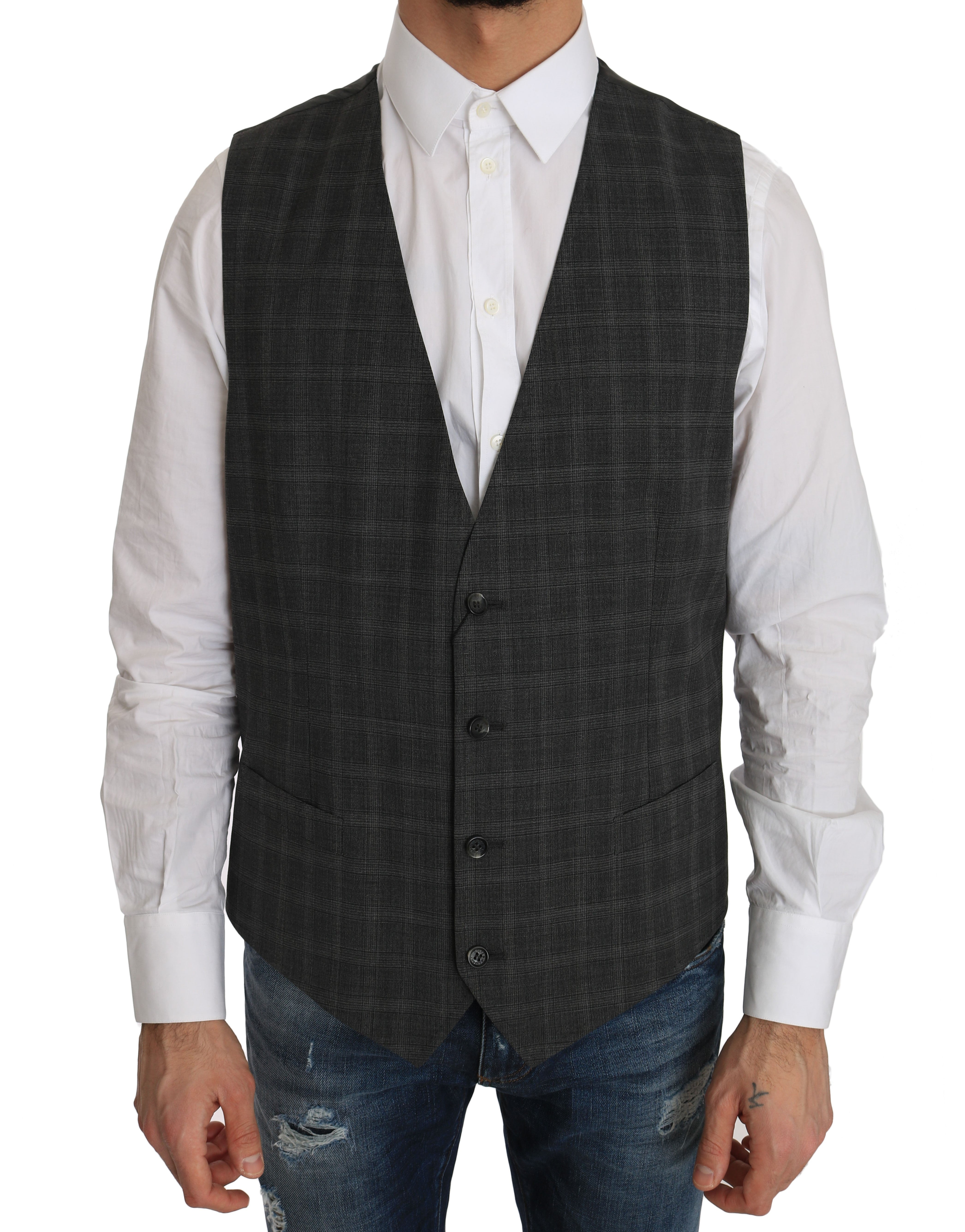 Dolce & Gabbana Gray Wool STAFF Checkered Stretch Vest Dolce & Gabbana