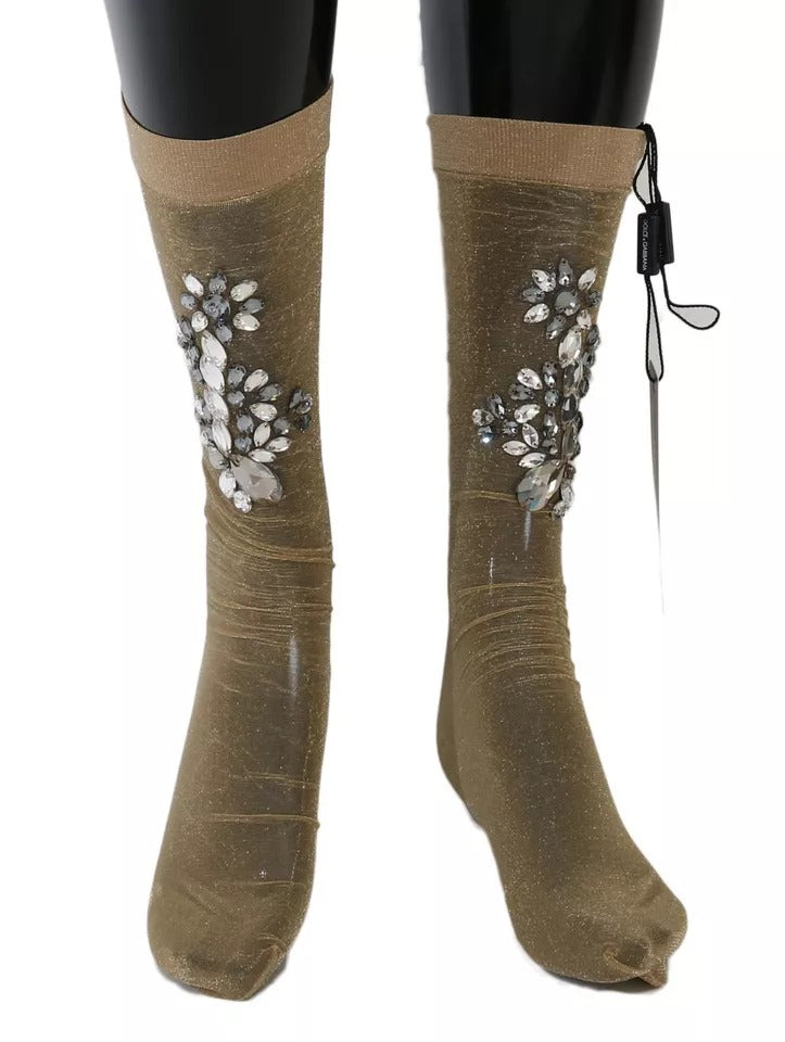 Dolce & Gabbana Gold Stretch Floral Clear Crystal Stocking Socks Dolce & Gabbana
