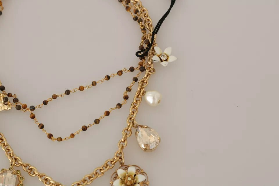 Dolce & Gabbana Gold Brass Crystal Floral Statement Charms Necklace Dolce & Gabbana
