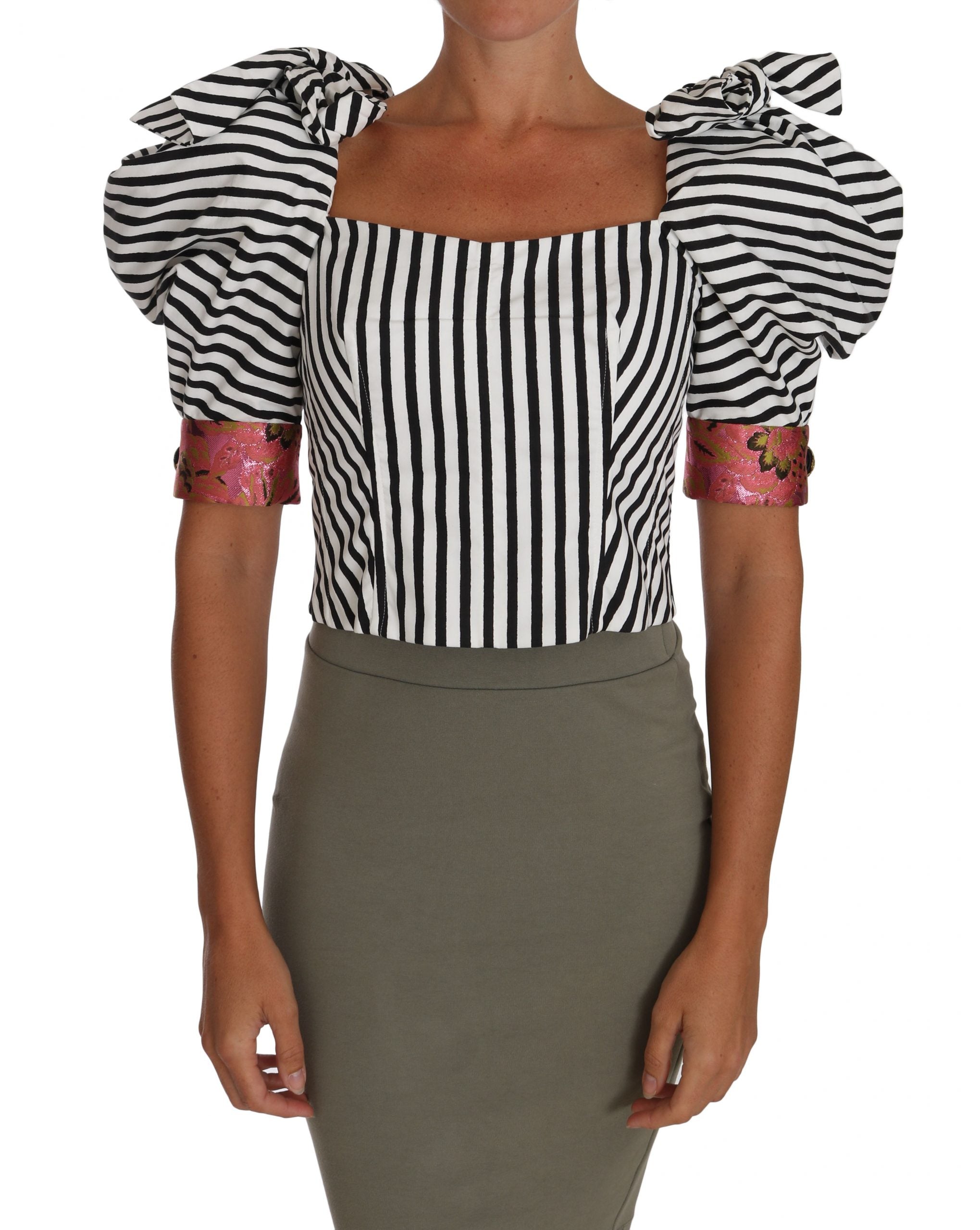 Dolce & Gabbana White Black Striped Cropped Top Puff Sleeve Shirts Dolce & Gabbana
