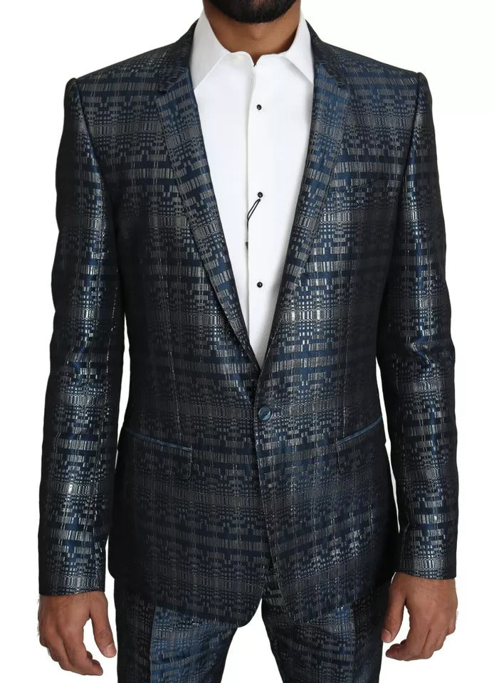 Dolce & Gabbana Blue Silver Shiny 2 Piece Slim GOLD Suit Dolce & Gabbana