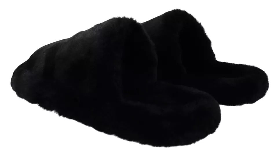 Dolce & Gabbana Black Polyester Faux Fur Mens Flats Sandals Shoes Dolce & Gabbana