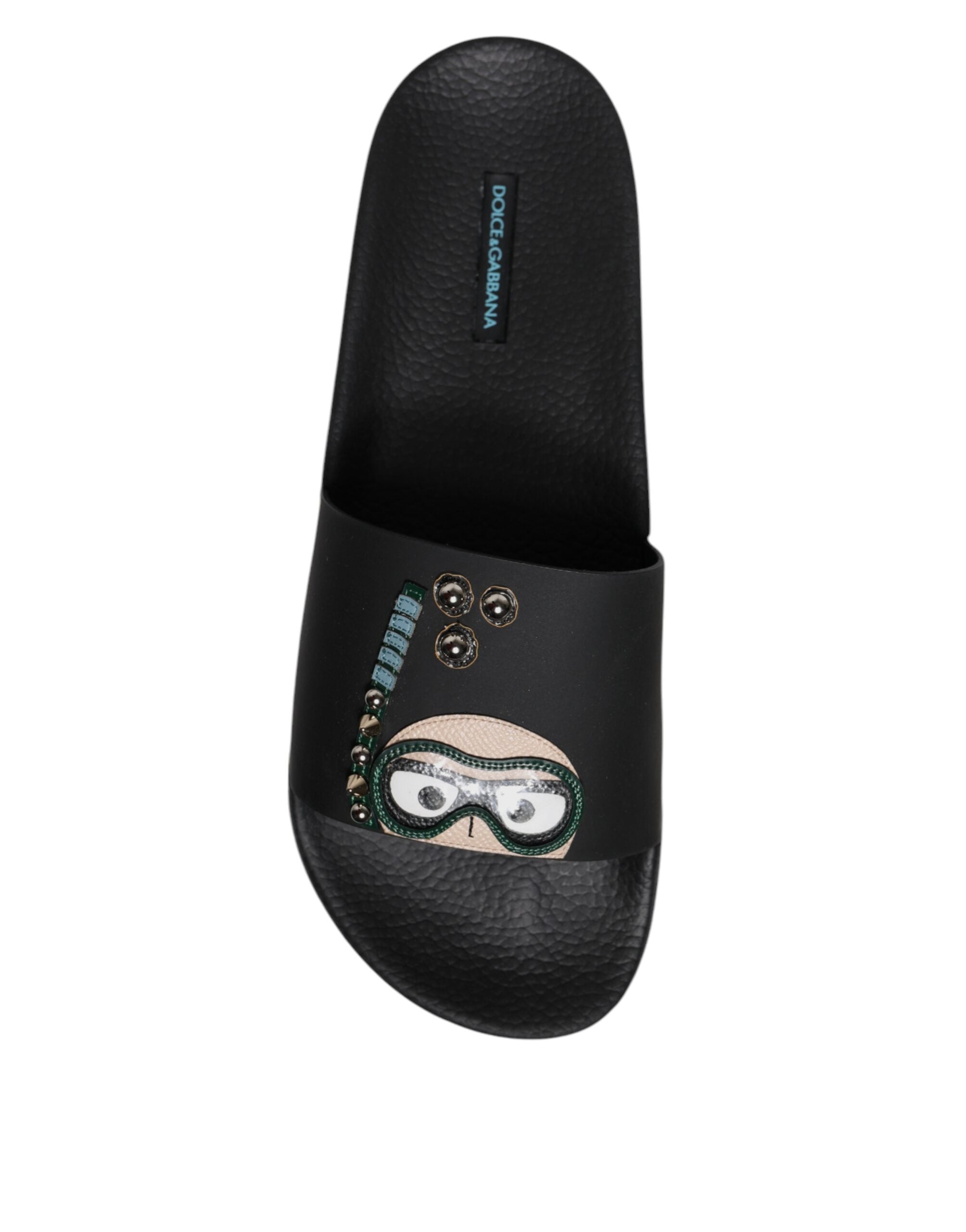 Dolce & Gabbana Black Divers Leather Flats Slides Sandals Beachwear Shoes Dolce & Gabbana