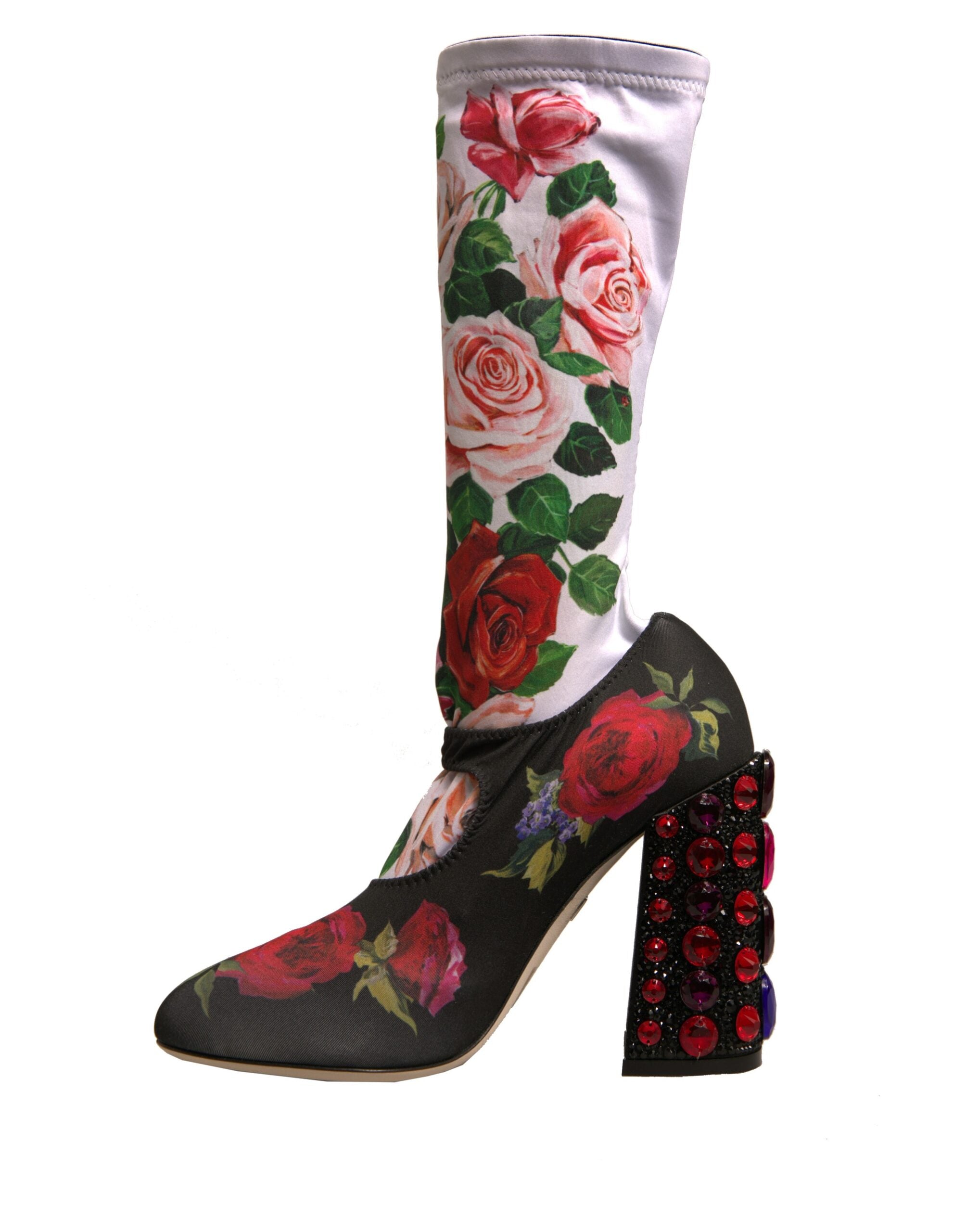 Dolce & Gabbana Black Floral Socks Crystal Boots Jersey Shoes Dolce & Gabbana