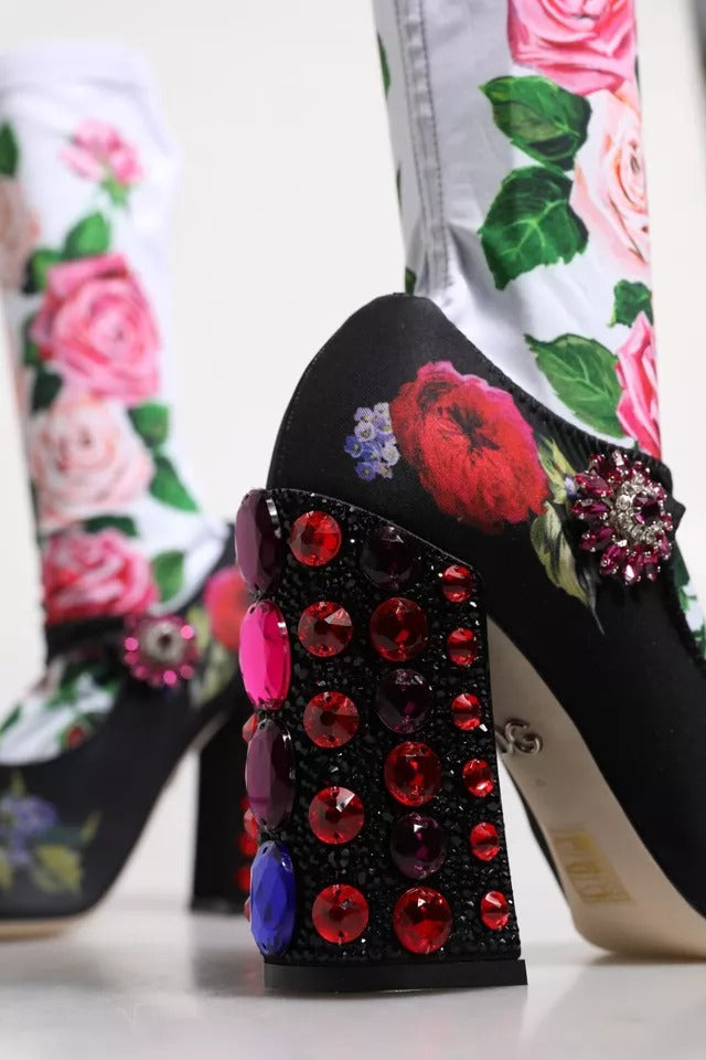 Dolce & Gabbana Black Floral Socks Crystal Boots Jersey Shoes Dolce & Gabbana