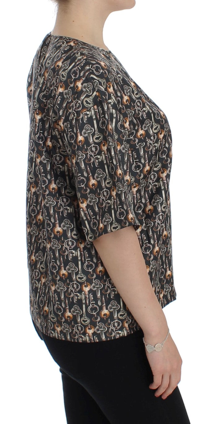 Dolce & Gabbana Gray Gold Key Print Silk Blouse T-shirt Dolce & Gabbana