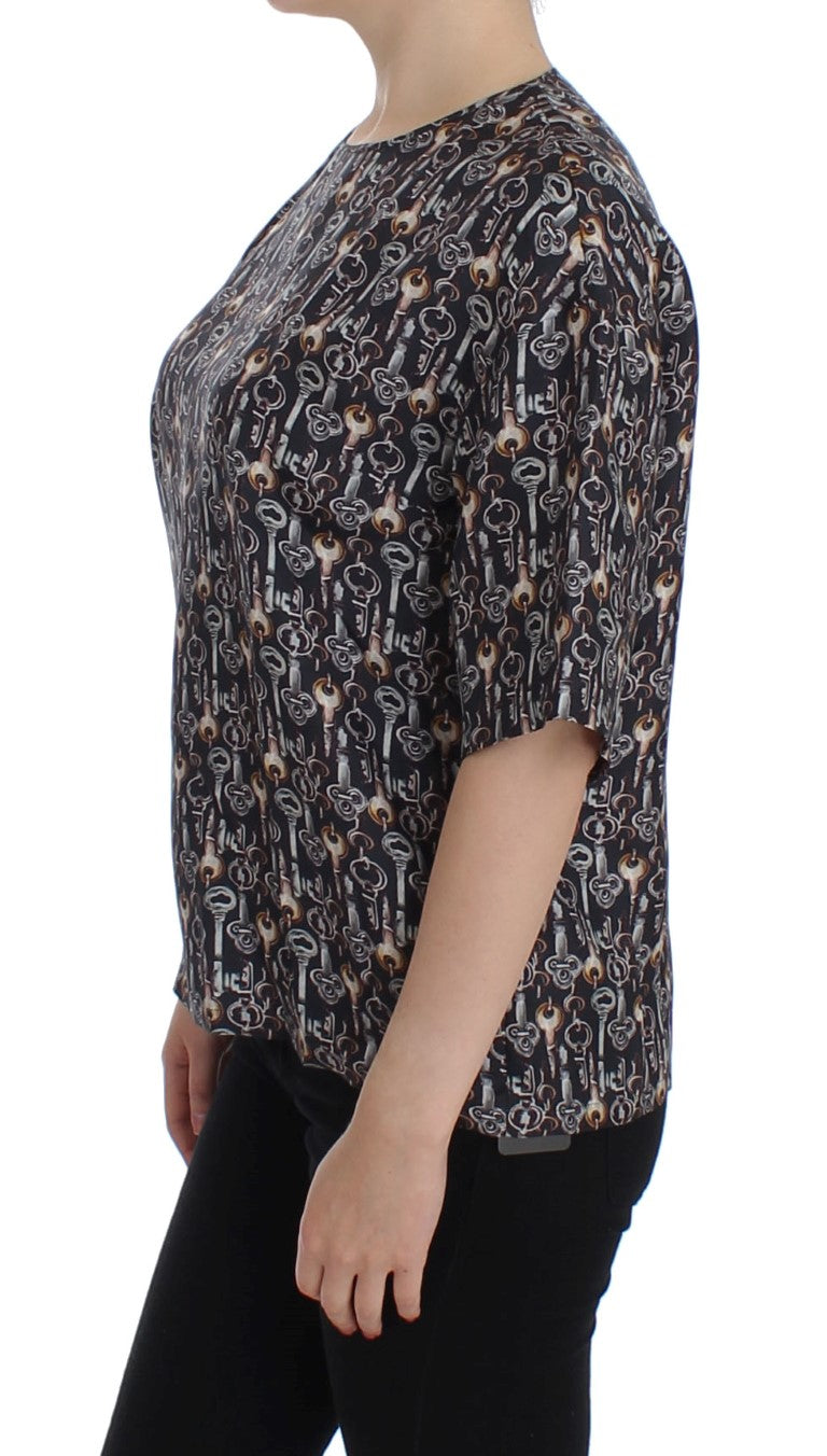 Dolce & Gabbana Gray Gold Key Print Silk Blouse T-shirt Dolce & Gabbana