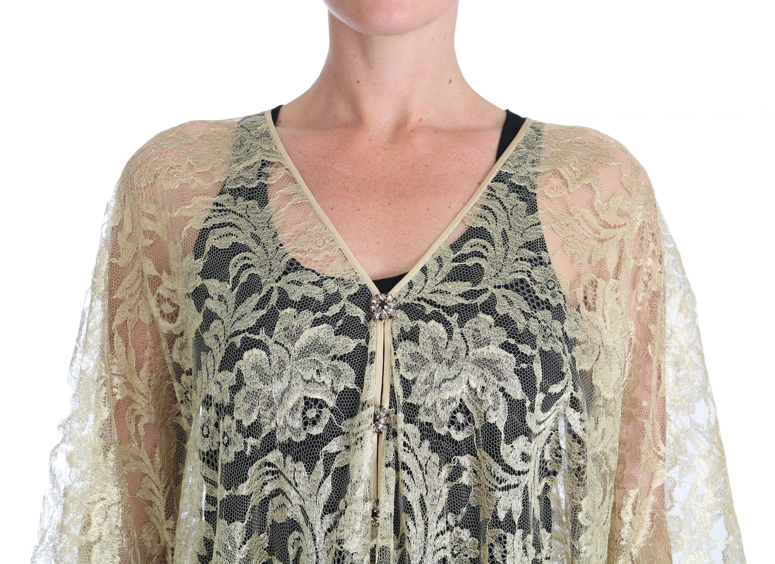Dolce & Gabbana Gold Floral Lace Crystal Gown Cape Dress Dolce & Gabbana