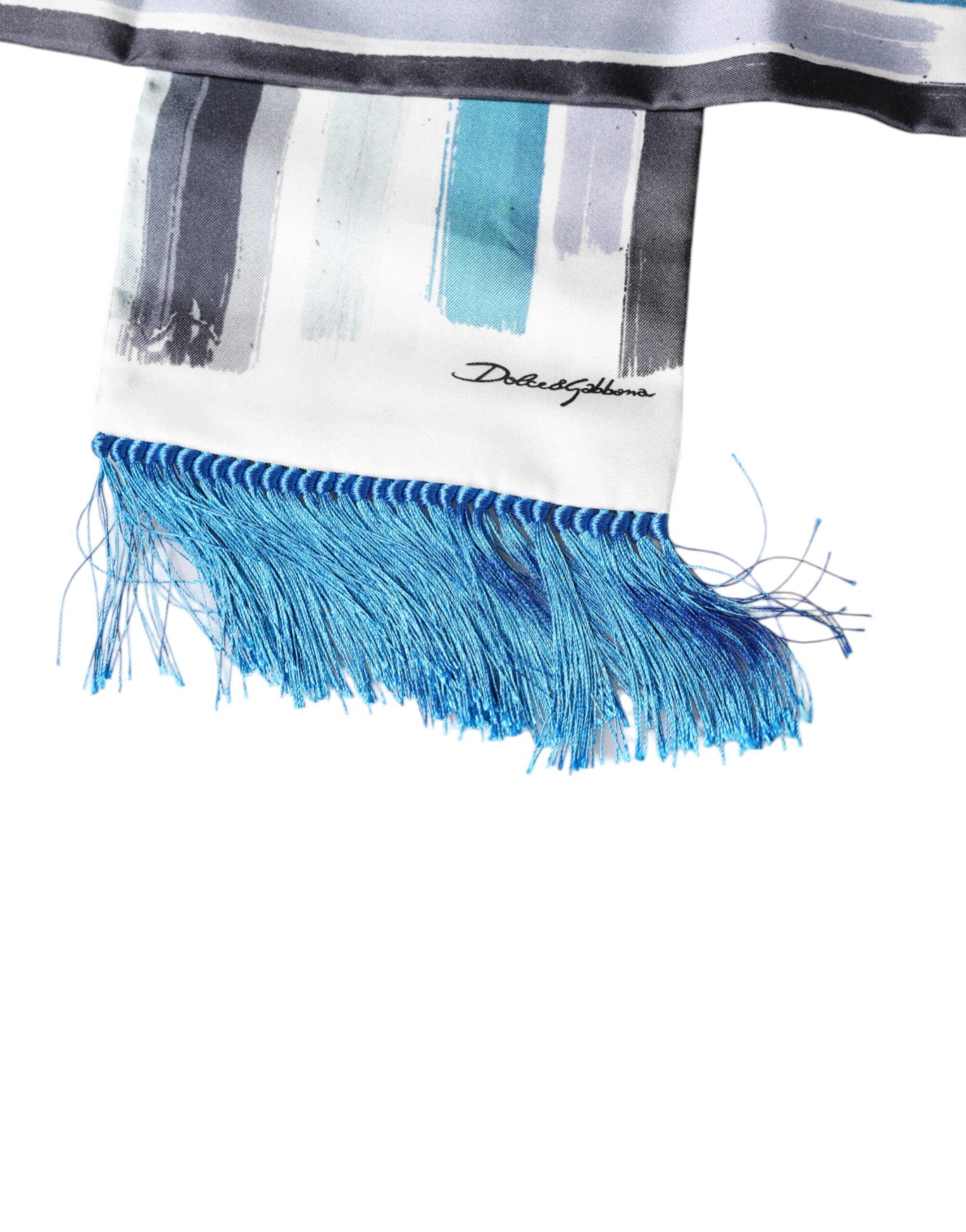 Dolce & Gabbana White Blue Stripes Silk Fringes Wrap Scarf Dolce & Gabbana