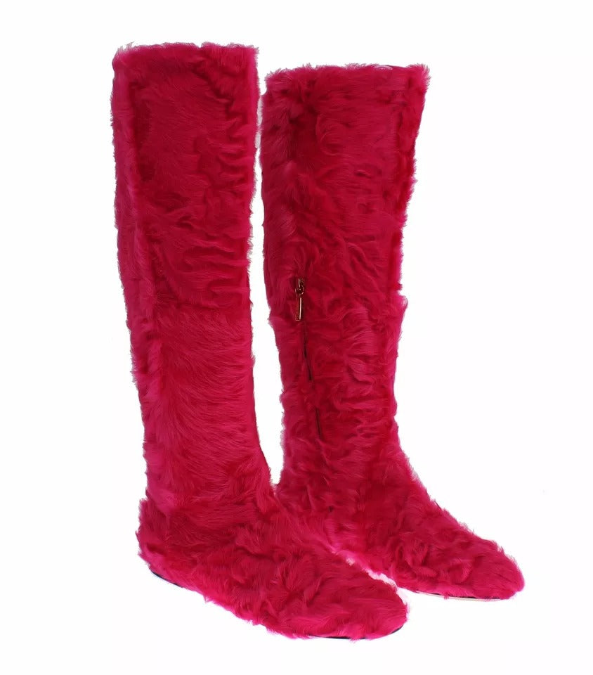 Dolce & Gabbana Pink Lamb Fur Leather Flat Boots Shoes Dolce & Gabbana