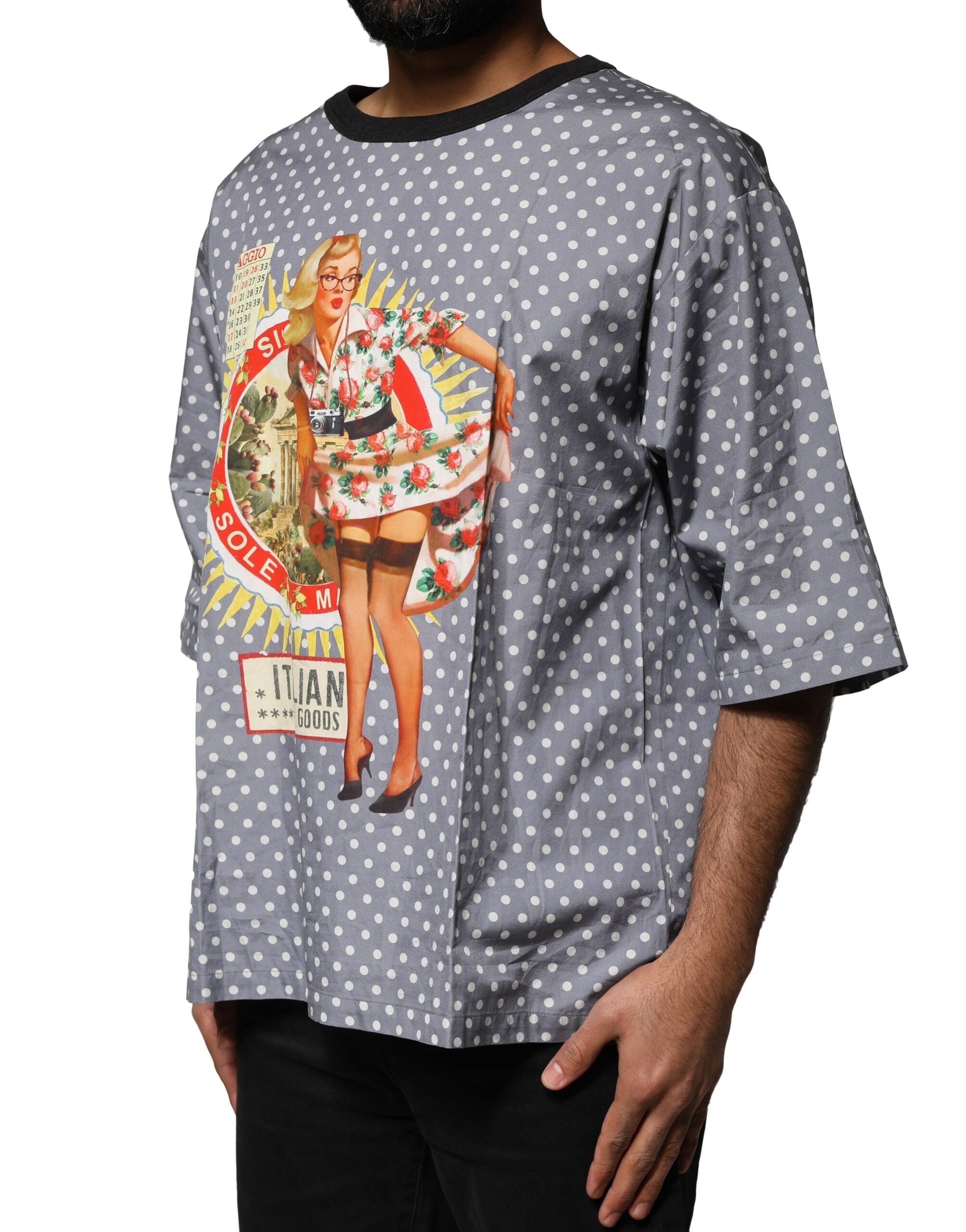 Dolce & Gabbana Gray Polka Dot Pin-Up Print Crew Neck T-shirt Dolce & Gabbana