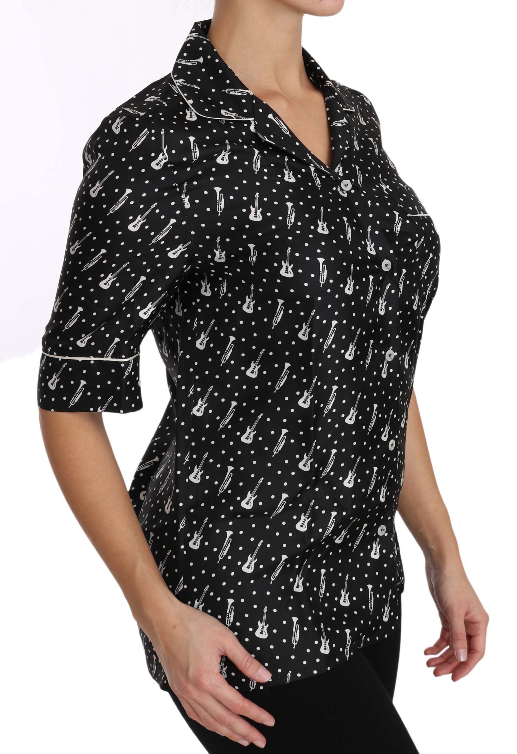 Dolce & Gabbana Black GuitarTrumpet Print Silk Shirt Top Dolce & Gabbana