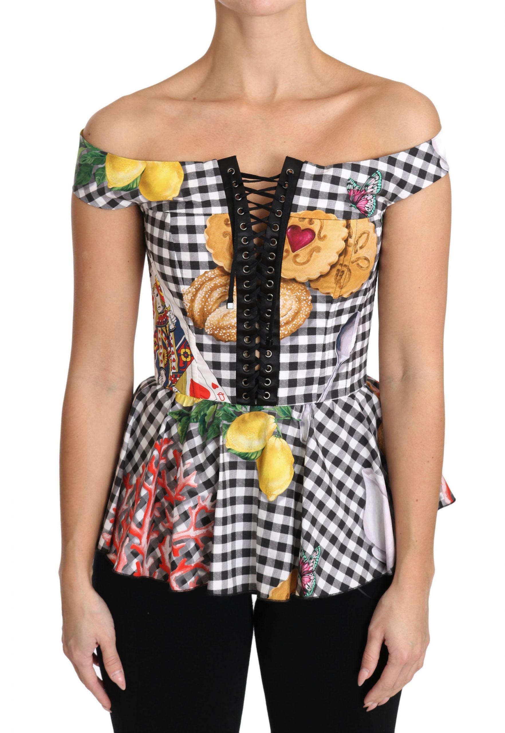 Dolce & Gabbana Black and White Corset Blouse Sicily Lemon Check Top Dolce & Gabbana